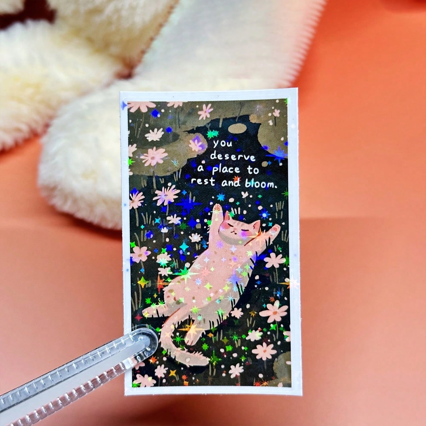 1/2/5pcs "You Deserve A Place To Rest And Bloom" Cozy Cat Napping In Daisy Garden Stickers, Suitable For Laptop, Water Bottle, Diary, Scrapbook, Mental Health Encouragement Gift For Teenage Girls And