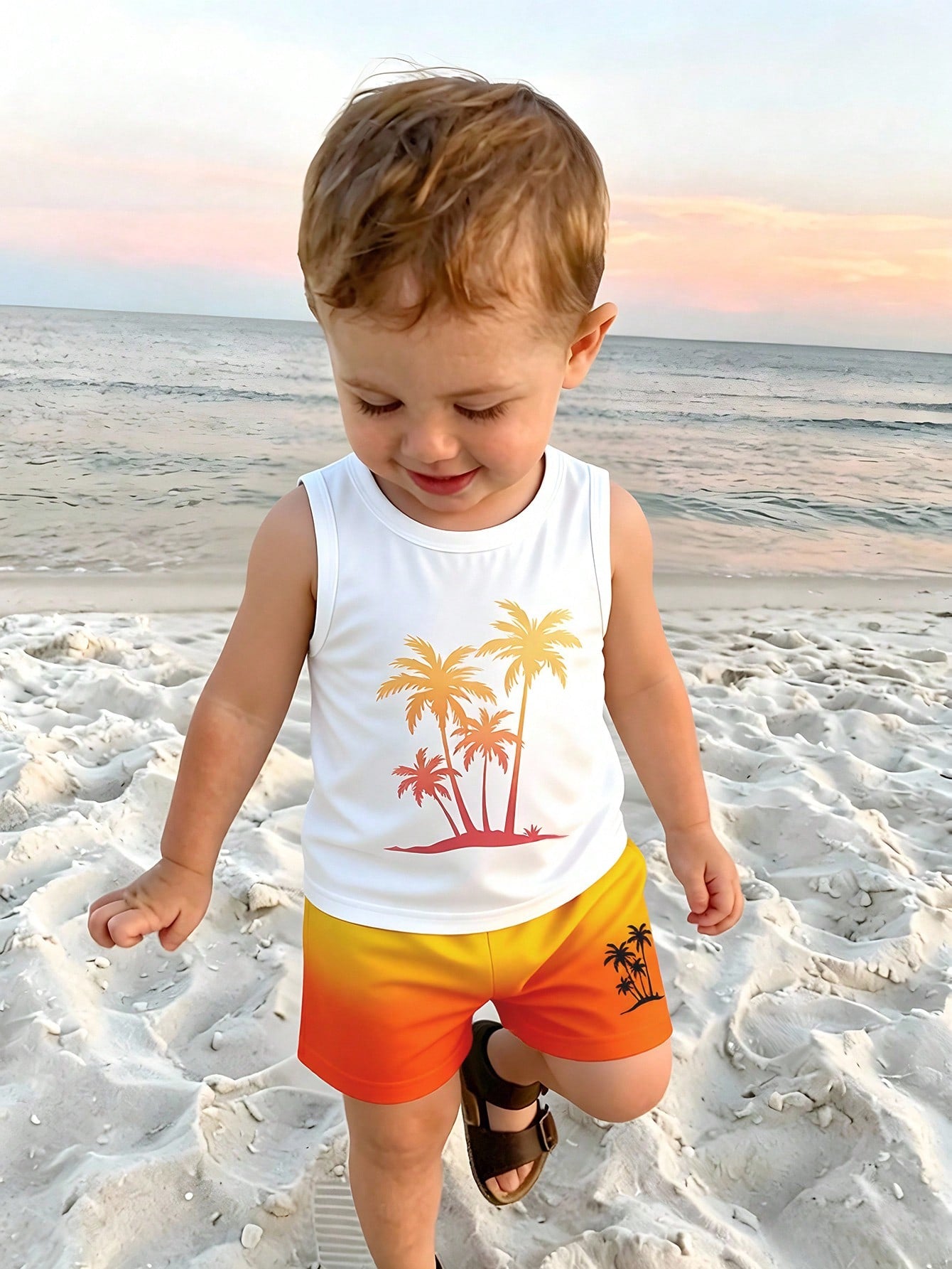 1 Set Baby Boy Summer Vacation Style Lively Casual Coconut Tree Print Top With Sunset Orange Gradient Print Shorts, Suitable For Outdoor Summer Wear
