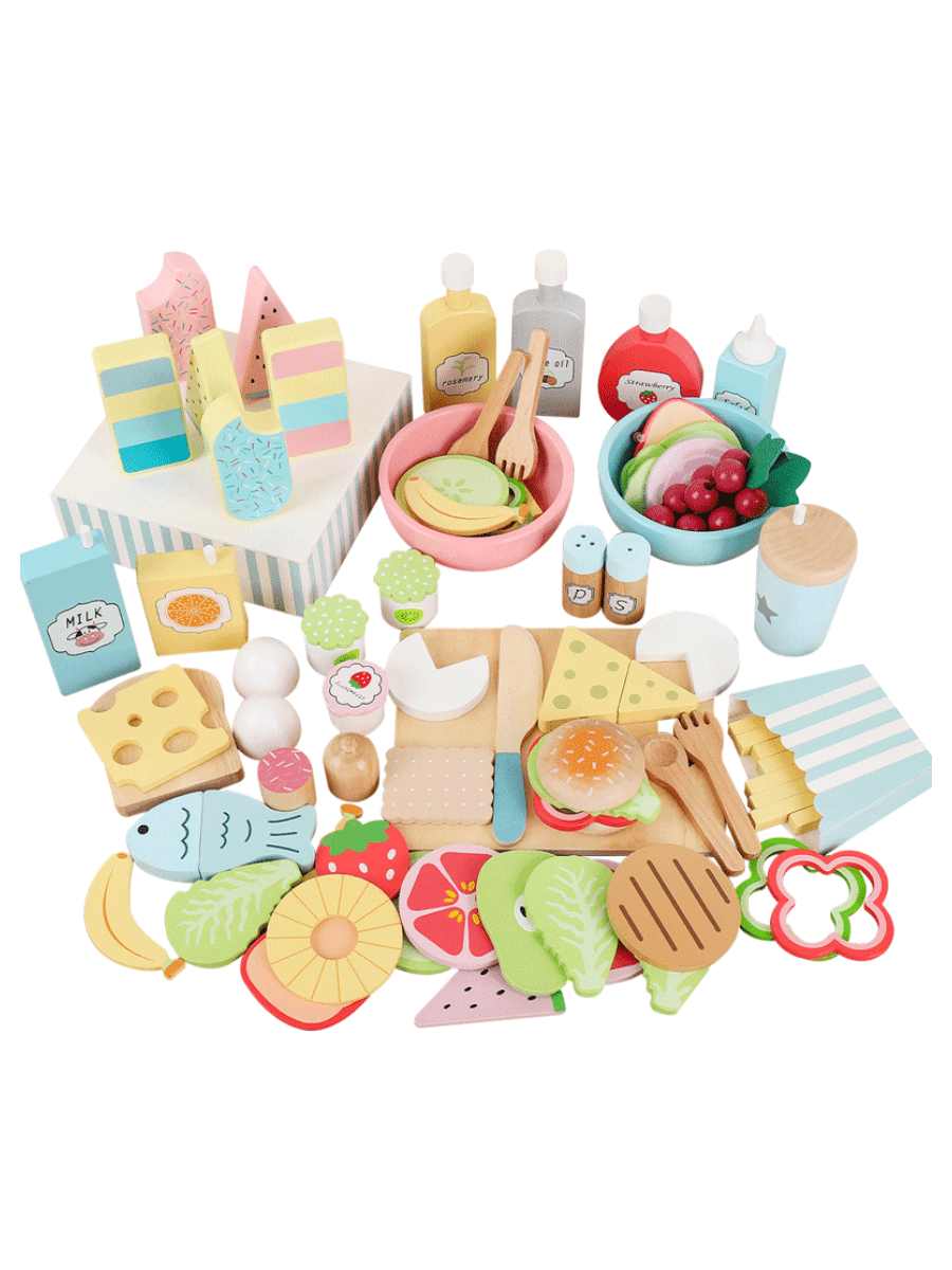 1 Set Kids Play Kitchen Toys Wooden Assorted Fake Snacks Platter, Pretend Play Realistic Vegetable & Fruit Salad Cutting Playset