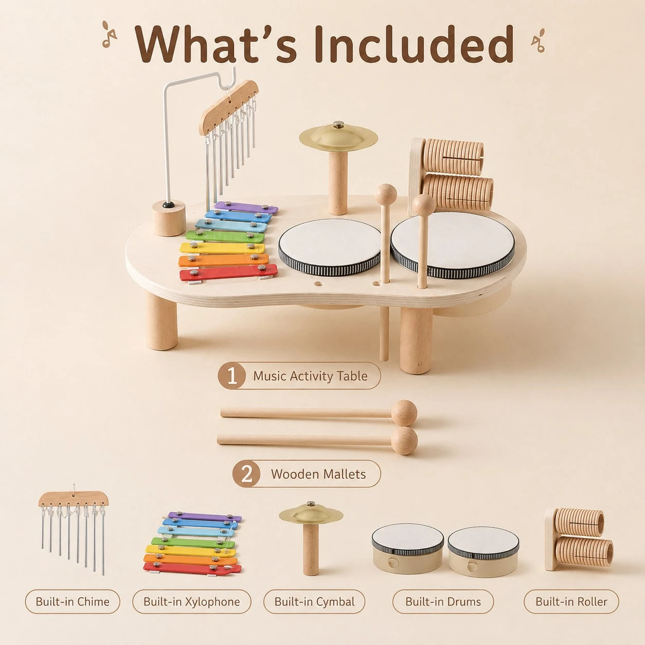 1 Set Wooden Music Activity Table Toy For Kids, Multi-Instrument Play Set With Xylophone, Drum, Cymbal, Chime And 2 Mallets