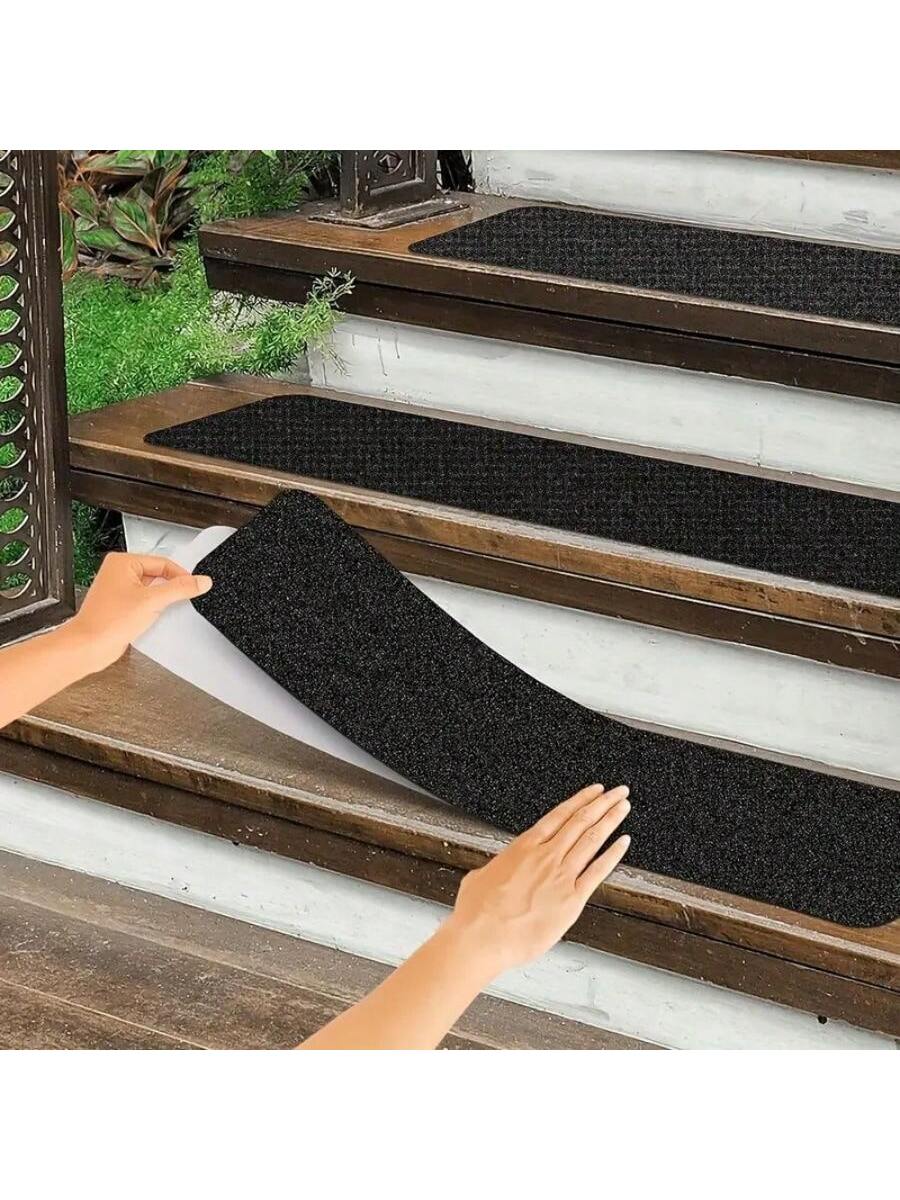 "10pcs Non Slip Outdoor Stair Treads- 4""X24"" Black Pre-Cut 80 Grit Grip Tape- Heavy Duty Traction Adhesive Strips For Staircase, Skateboard, And Deck- Anti Slip And Non Skid"
