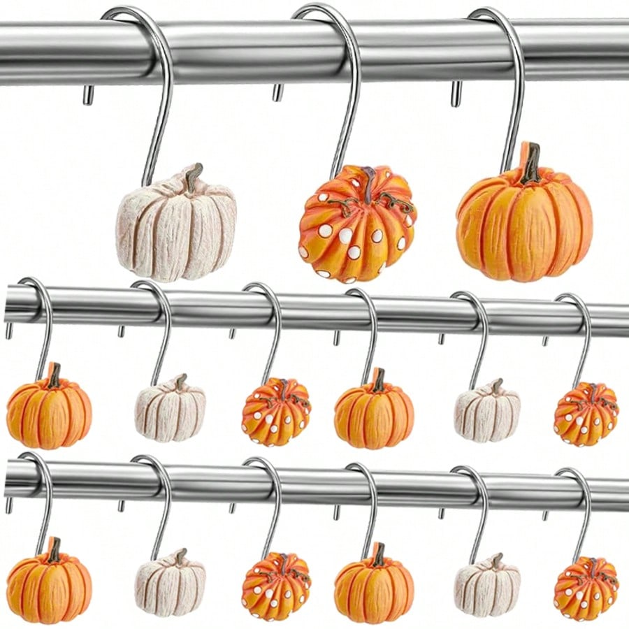 12pcs Pumpkin Shower Curtain Hooks, Thanksgiving, Autumn Country Style Stainless Steel Rust-Proof Pumpkin Decorative Shower Curtain Hooks Rings, Curtain Hooks, Bathroom Decor Hooks Accessories, Shower