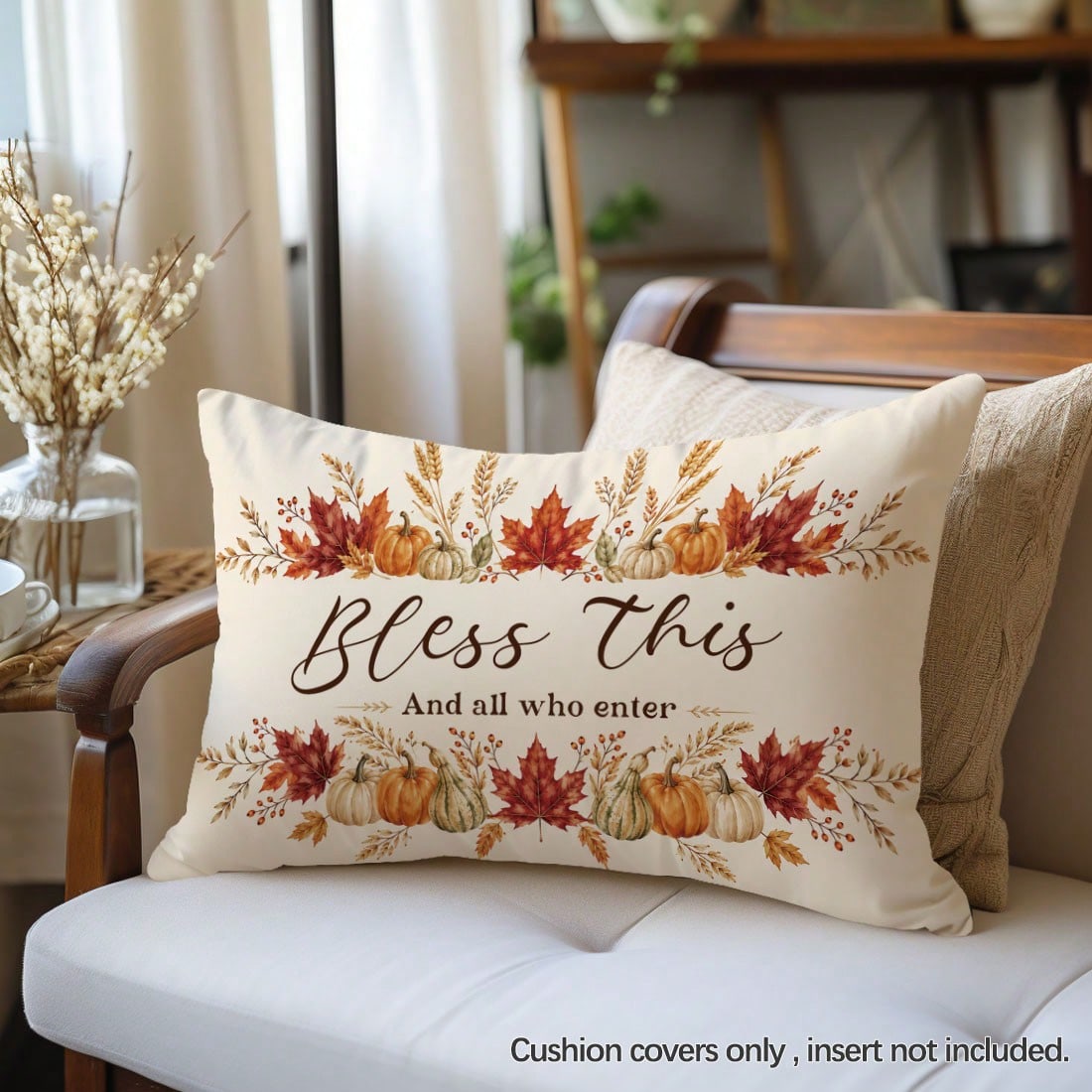 1pc Autumn Pumpkin Maple Leaf "Bless This And All Who Enter" Text Pattern Pillowcase, Skin-Friendly Peach Skin Velvet Material, Single-Sided Print 30*50/40*60cm, Suitable For Living Room Bedroom Sofa
