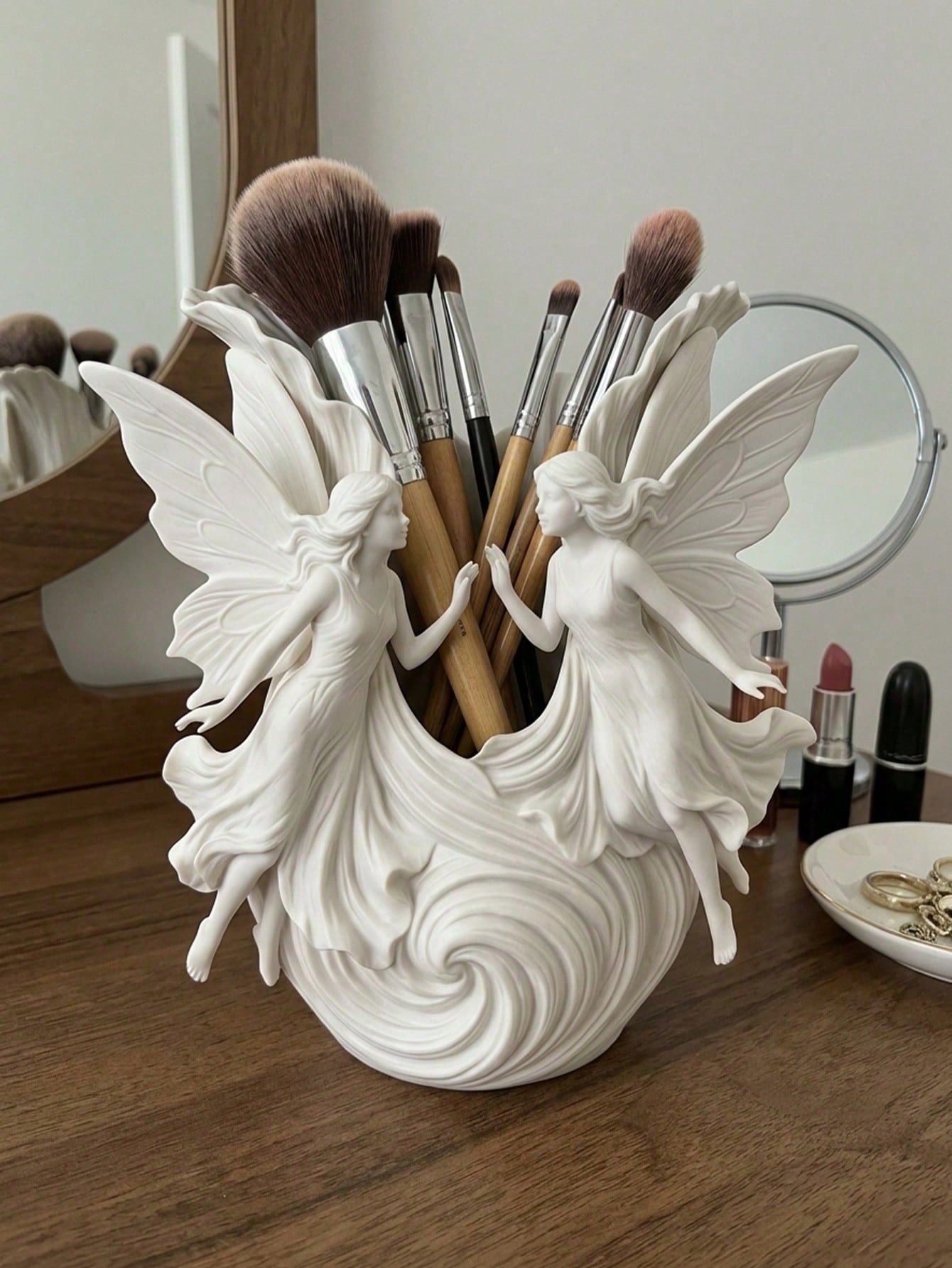 1pc Double/Single Wing White Fairy Resin Storage Box, Individual Decorative Ornament, Made Of High-Quality Matte White PLA Material, Hand-Polished Surface, Smooth And Delicate; Combines Romantic And P