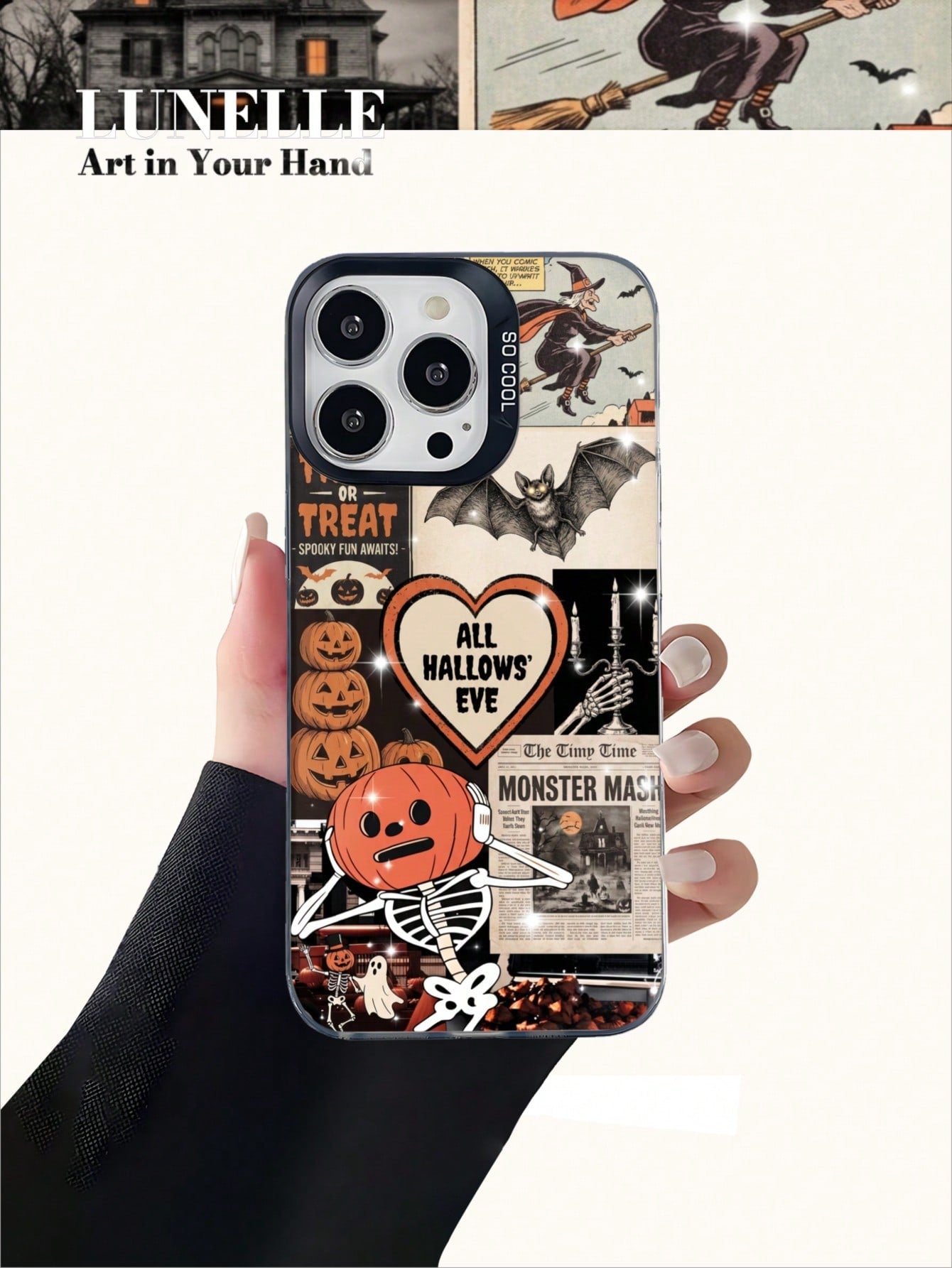 1pc Halloween Pumpkin Skeleton Pattern Artistic Vintage Style TPU+PET+PC Phone Case Color-Contrast Camera Frame Scratch-Resistant Shockproof Cover Stylish Comfortable Grip Holiday Gift For Girlfriend
