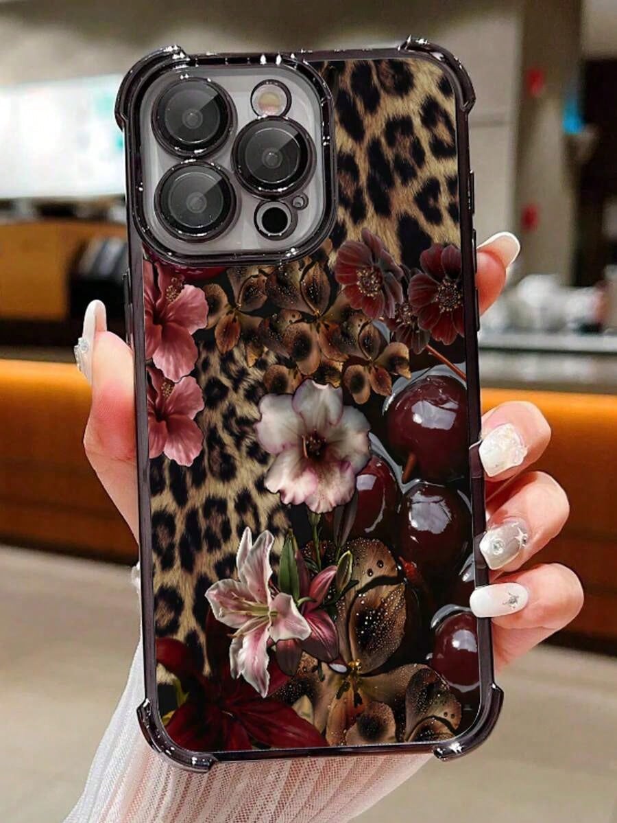 1pc Leopard Cherry Flowers Compatible With Apple Phone17/16/15/14/13/12/11/ProMax/Pro/Plus/Xs Max/XS/X,Four Corner Anti Fall Transparent Soft Shell Anti-Slip, Anti-Drop, Camera Lens Protection, Silico