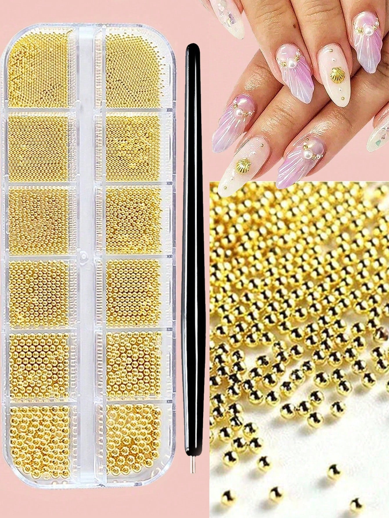 1pc Magnetic Nail Art Pen And 1 Box Of 12 Slots Gold & Silver Metal Pendant Mini Caviar Nail Beads Crystal Decorations- Perfect For Cat Eye/Gemstone Style Gel Nail Polish Magnetic Nail Art Tools Pen