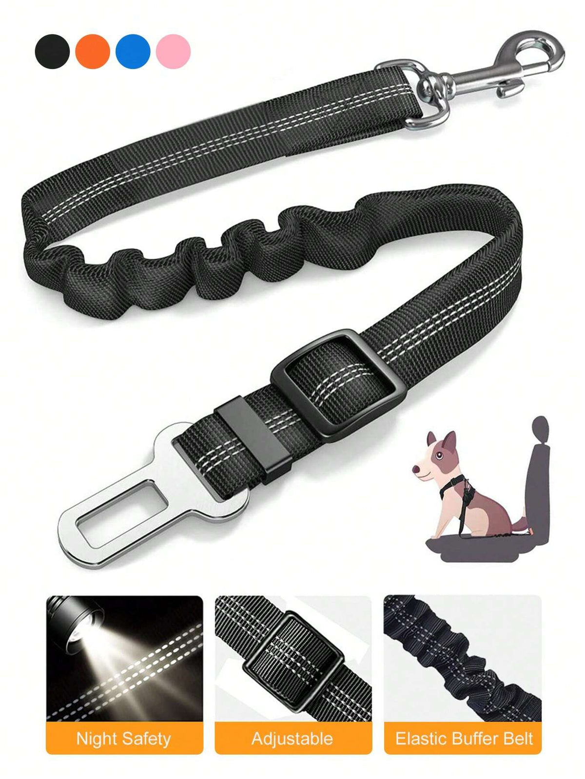 1pc Pet Car Safety Belt Dog Leash, Retractable, With Shock Absorption, Elasticity, Reflectivity, Made Of Durable Nylon