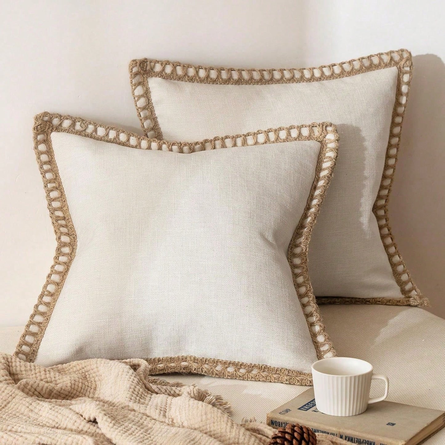 1pc (Pillow Insert Not Included) Faux Linen Rope Trimmed Throw Pillow Cover, Coarse Linen-Like Fabric, Farmhouse Style Suitable For Living Room, Bedroom, Dining Room, Patio, Wedding Decor, Home Soft F