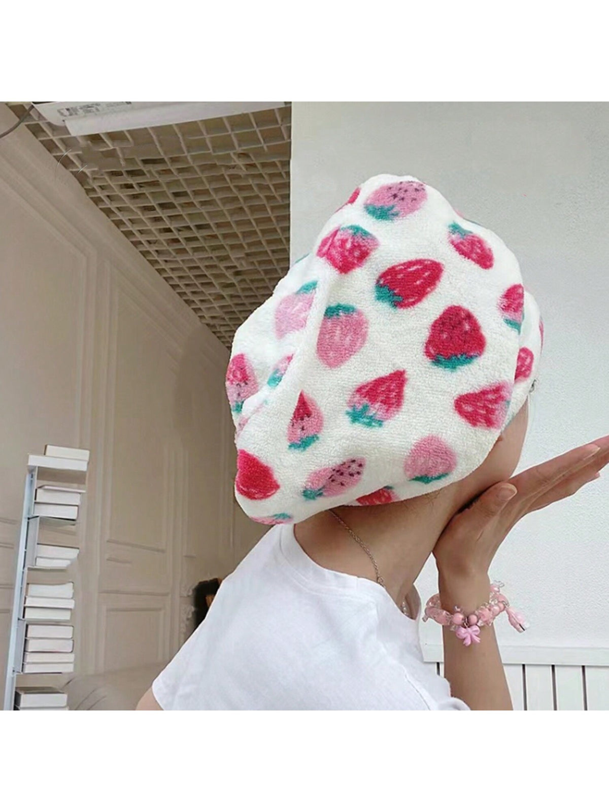1pc Strawberry Printed Bath Cap Hair Drying Towel, Made Of Coral Fleece, Soft And Absorbent, Suitable For All Seasons In Bathroom Home Bathroom Decor Fall Decor Back To School Hair Bonnet Shower Towel