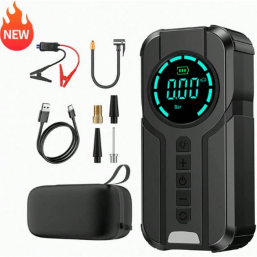 2-In-1 Portable Car Jump Starter With 150PSI Air Compressor,1000A Peak 6000mAh 12V Car Battery Booster Tire Inflator,LED Light USB Power Bank Smart Safety Protection For Gas Oil-Fueled Engine Vehicle