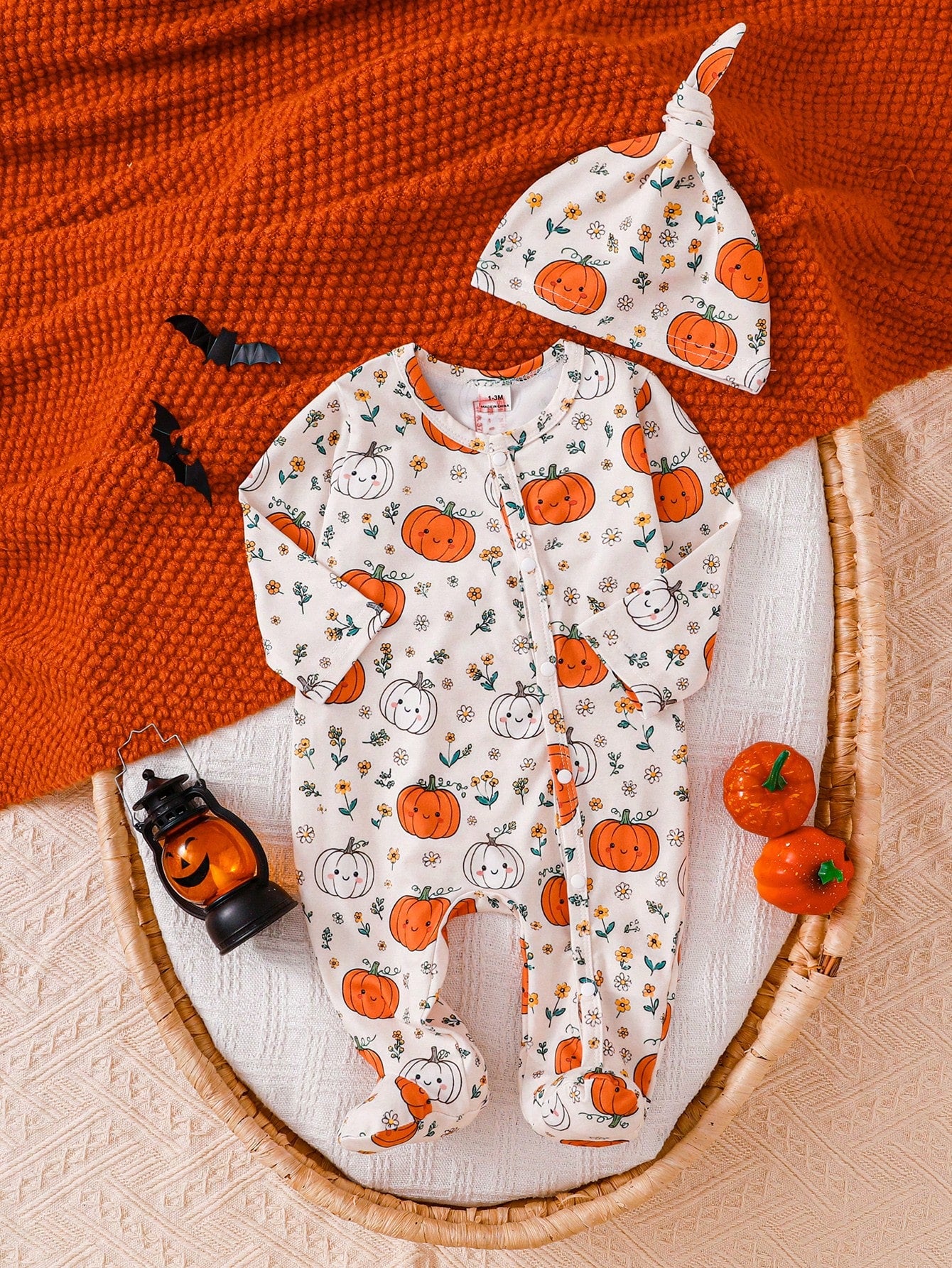 2 Pieces Newborn Knit Comfortable Soft Footed Romper With Cute Pumpkin All-Over Print, Fall Halloween Home Wear, Versatile Fashion, Best Choice