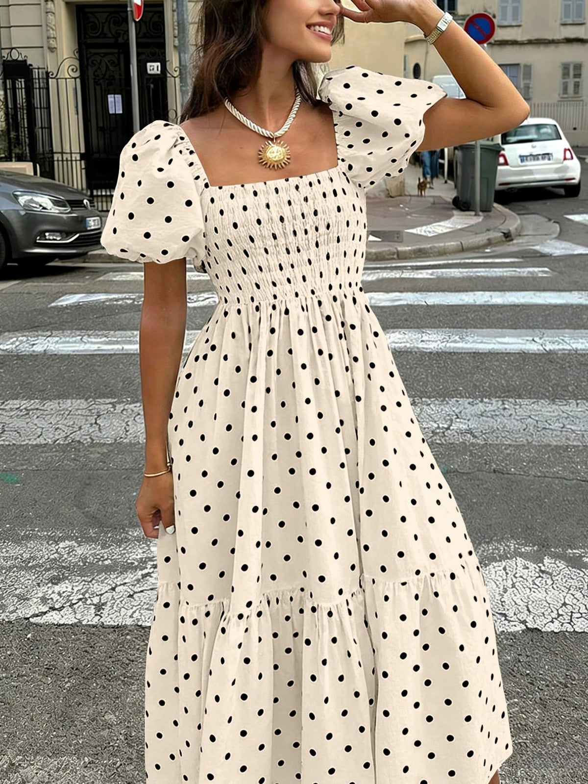 2026 Autumn Women's Plaid Elegant Bohemian Casual Elegant Outing Date Holiday Square Neck Puff Sleeve Ruffle Pleated Hem Dress, Women's Dress, Summer