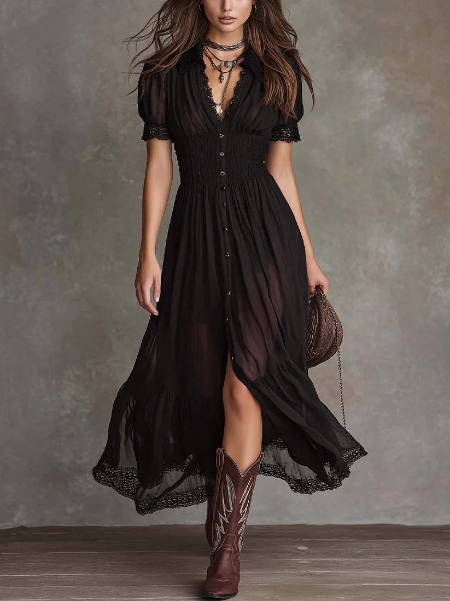 2026 New Arrival Women Black Waist Cinched Ruffle Hem Slit Long Maxi Dress Dark Academia Gothic Style Midi Dress