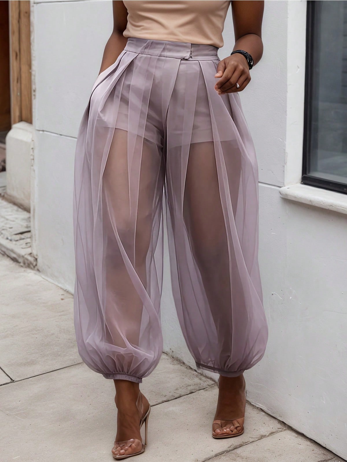 2026 New Semi-Transparent Mesh Solid Color Splicing Loose Semi-Transparent Bloomers Urban Casual Simple Leggings