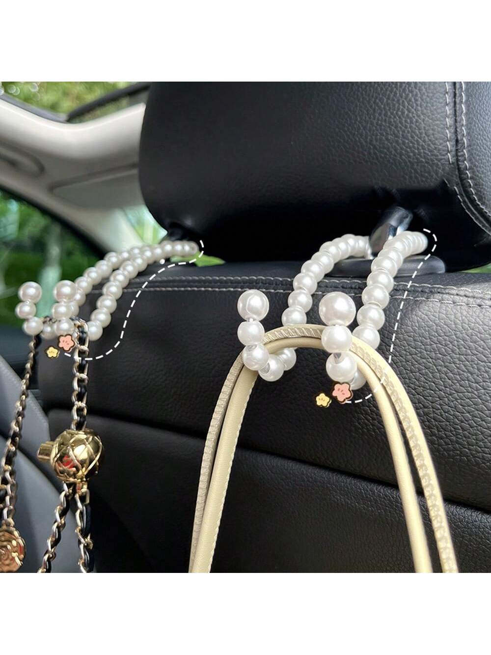 2pcs Car Headrest Hooks With Faux Pearl Beads, Multifunctional Car Backseat Hangers For Purse, Grocery Bags