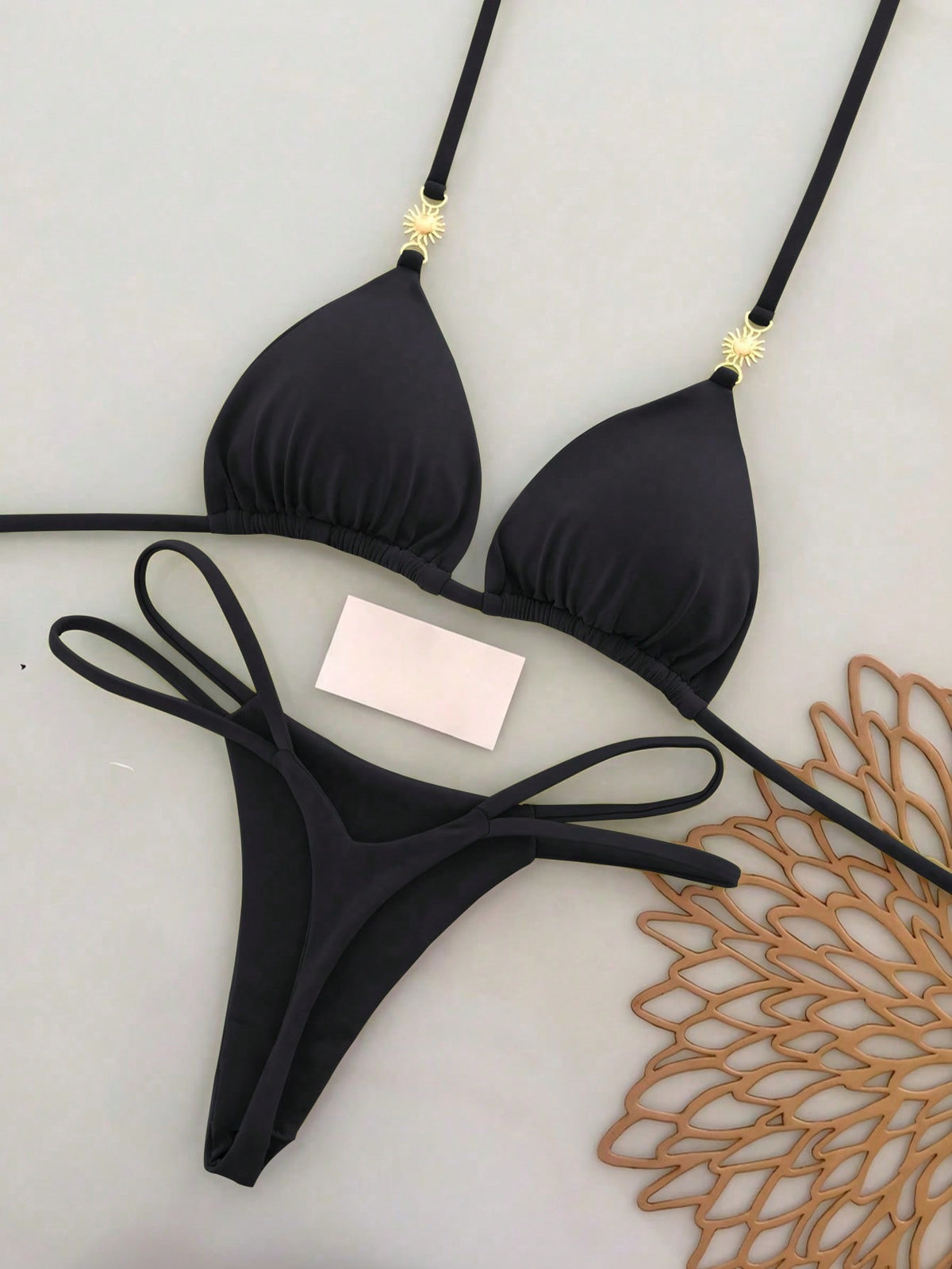 2pcs Casual Elegant Sexy Bohemian Floral Tie-Dye Trim Bikini Swimwear, Suitable For Beach & Holiday, Spring/Summer Vacation Black
