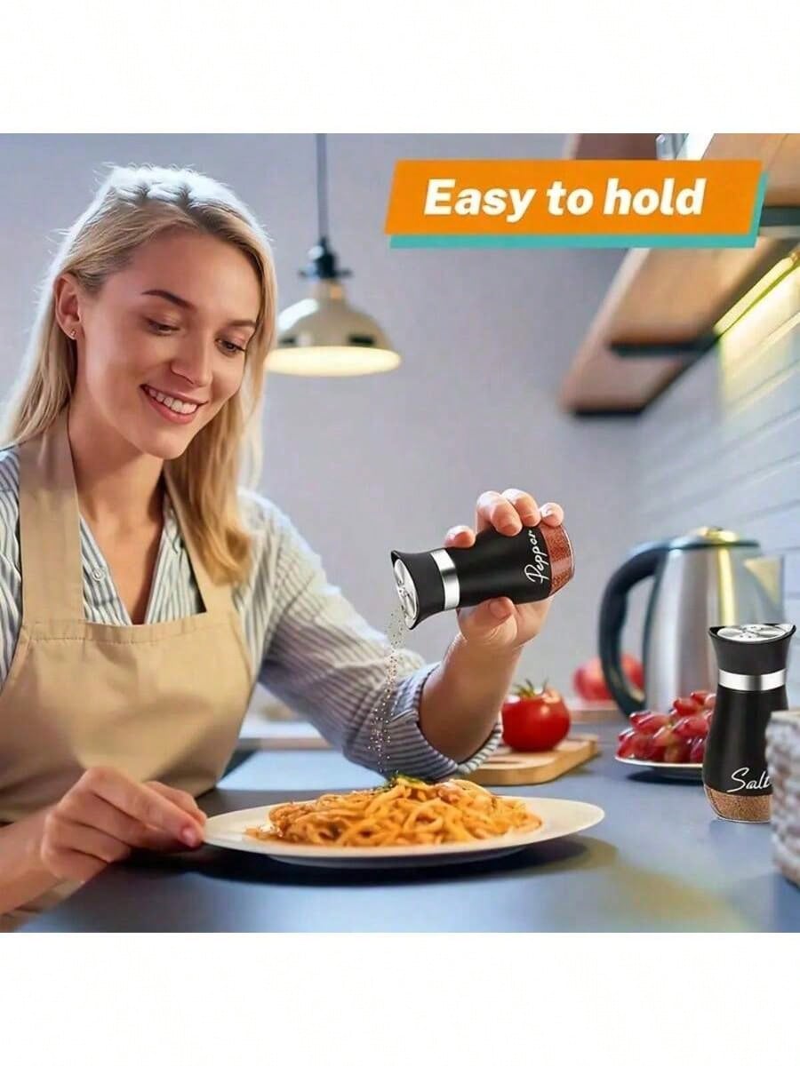 2Pcs Refillable Salt & Pepper Shakers Set- Stainless Steel & Glass Seasoning Dispensers With Labeled "Salt/Pepper"- Moisture-Proof, Elegant Kitchen Storage For Home, BBQ & Dining