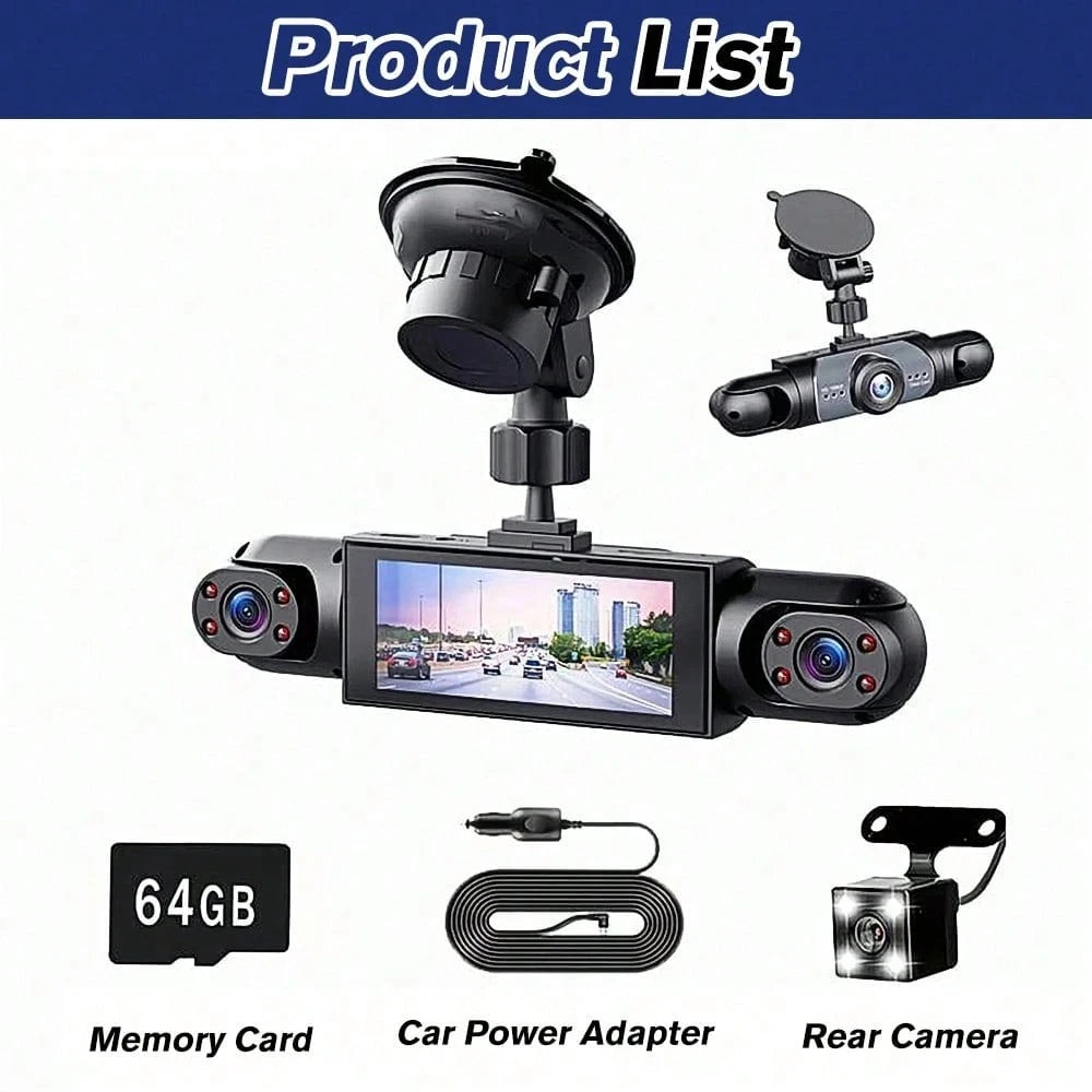 360° 4-Sided Car Dash Cam With Front Left Right Inside Cameras, 1080P Quad Channel Driving Recorder, 64GB Card Included, Night Vision, Motion Detection, Loop Recording, 3.16'' Display