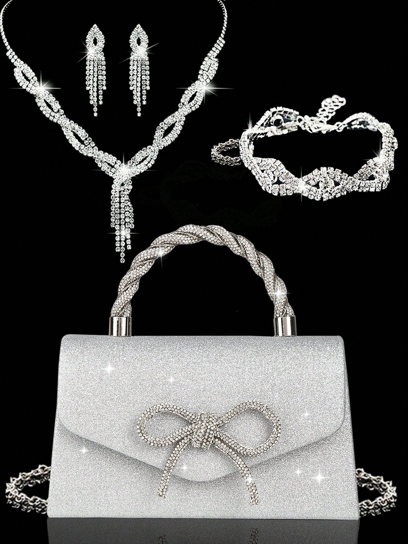 4pcs Luxury Sparkling Women's Jewelry Set, Formal Party Handbag With Rhinestone Bow Decor, Bridal Wedding Gift Set, Suitable For Party, Wedding, Prom, Gala
