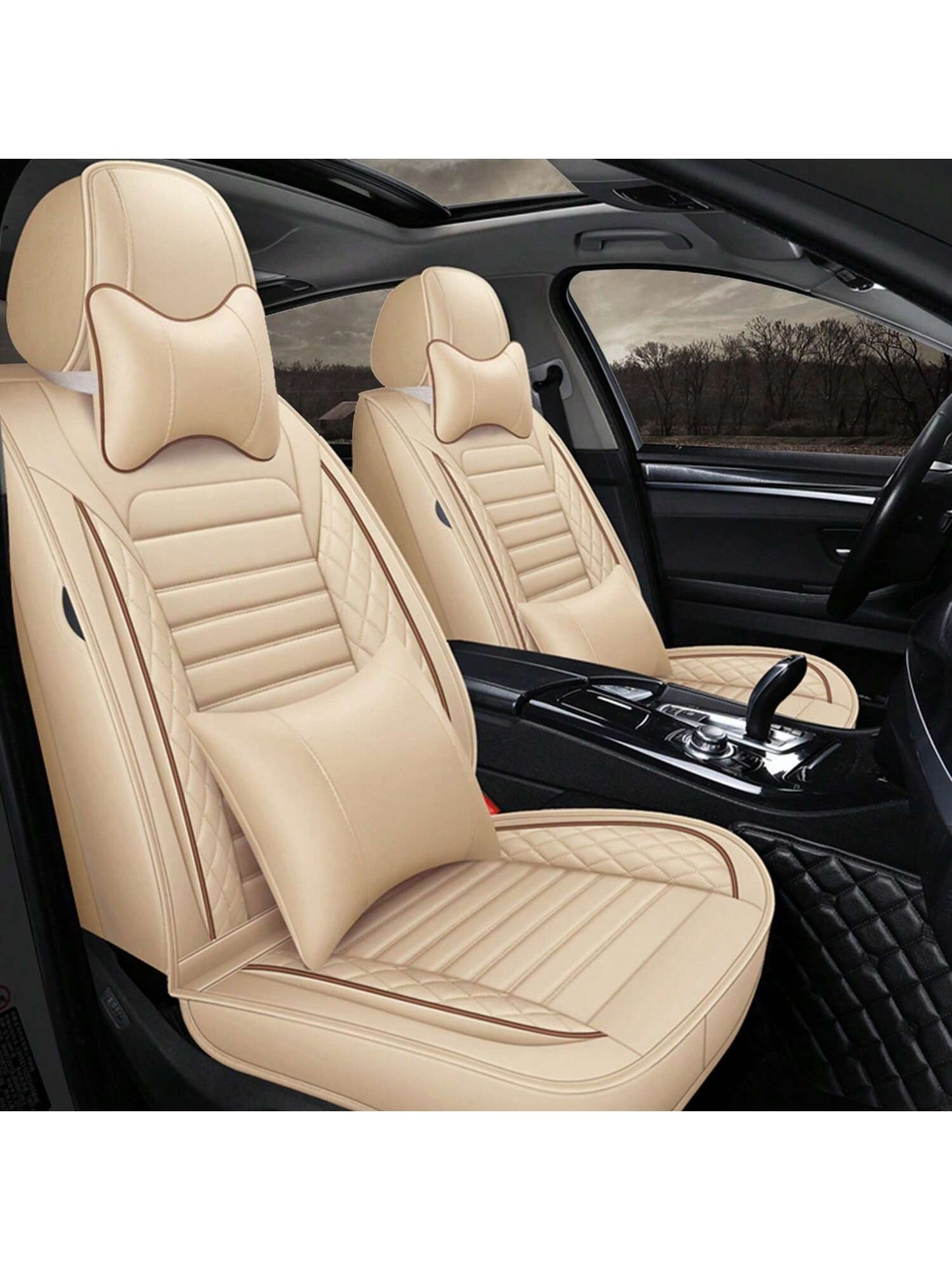 5 Seats Car Seat Covers Full Set PU Leather Front Rear Back Padded Cover Universal Auto Seat Protectors With Or Without Head Pillow For Most Cars Sedan Truck SUV