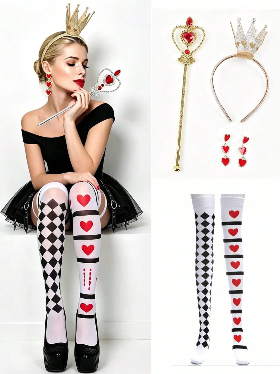 5pcs Heart Queen Costume Accessories Set For Women- Heart Crown, Red Heart Earrings, Magic Wand And Socks, Halloween Role Play Party Costume