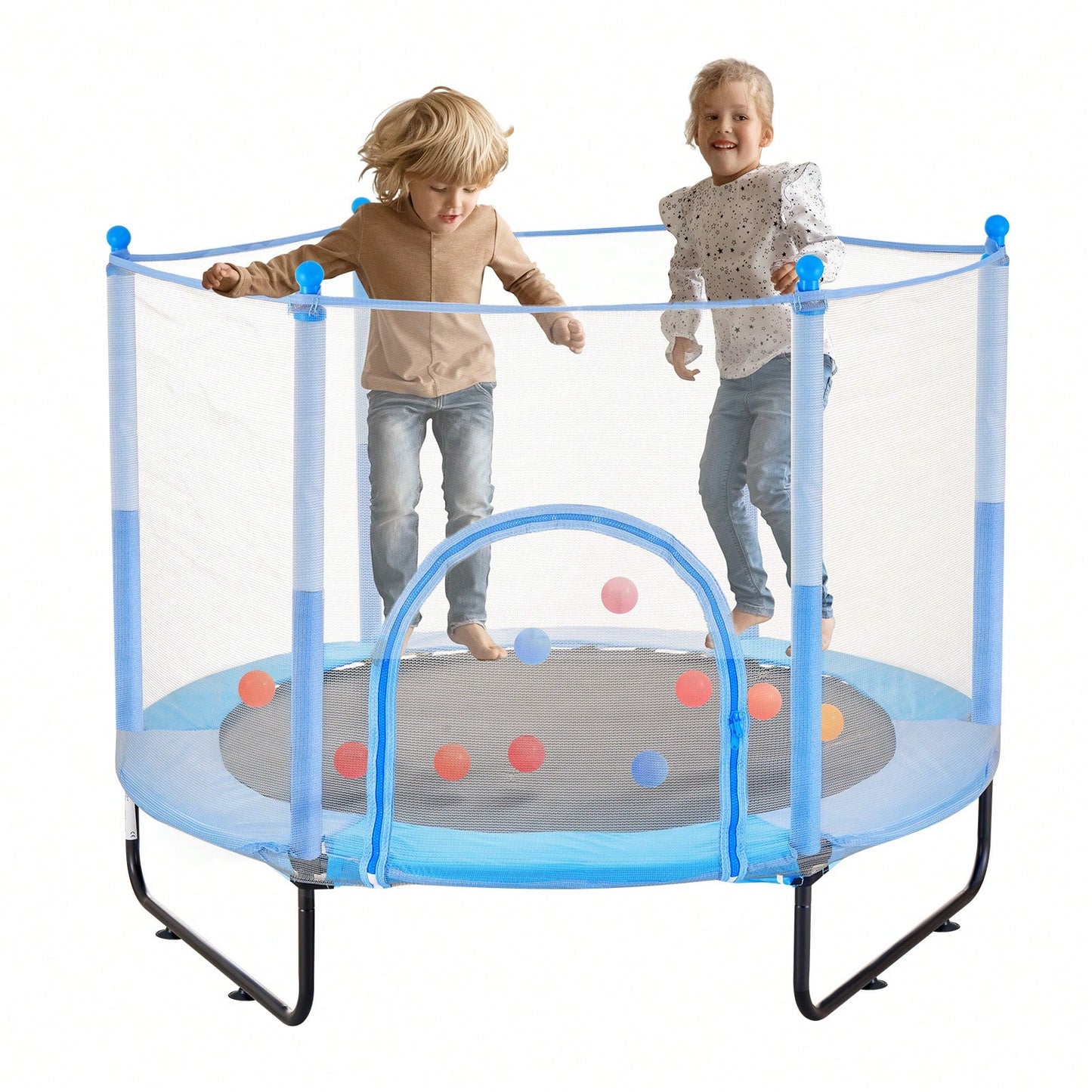 60" Kids Trampoline, 5FT Indoor Outdoor Trampoline, Mini Toddler Recreational Trampolinewith Safety Enclosure Net And Basketball Hoop, Birthday Gifts Christmas Toys For 3+ Years Children, Blue