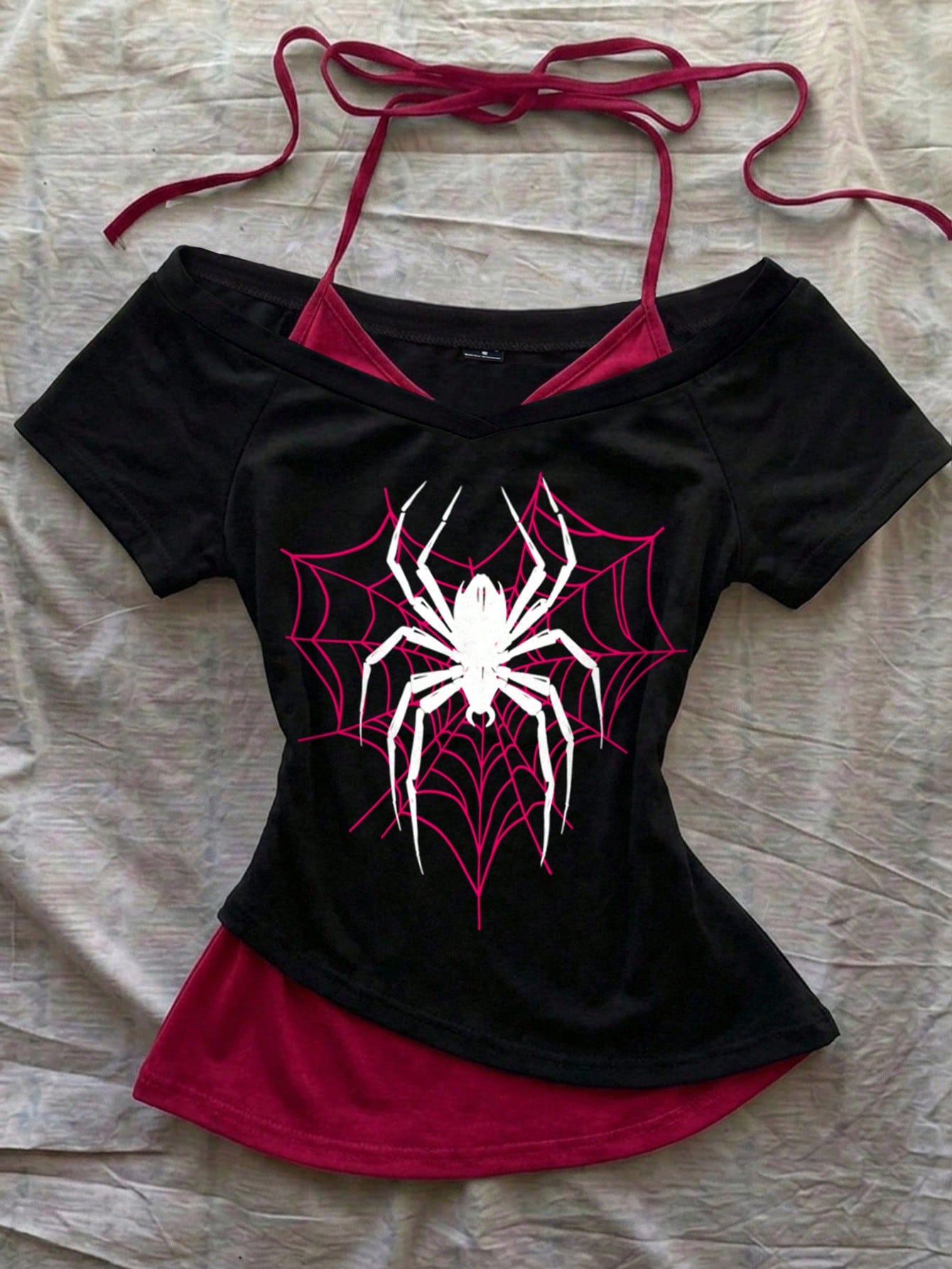 Attitoon Women's Casual Retro Colorblock 2 In 1 Spider Graphic V-Neck Halter Tie Short Sleeve T-Shirt, Suitable For Summer