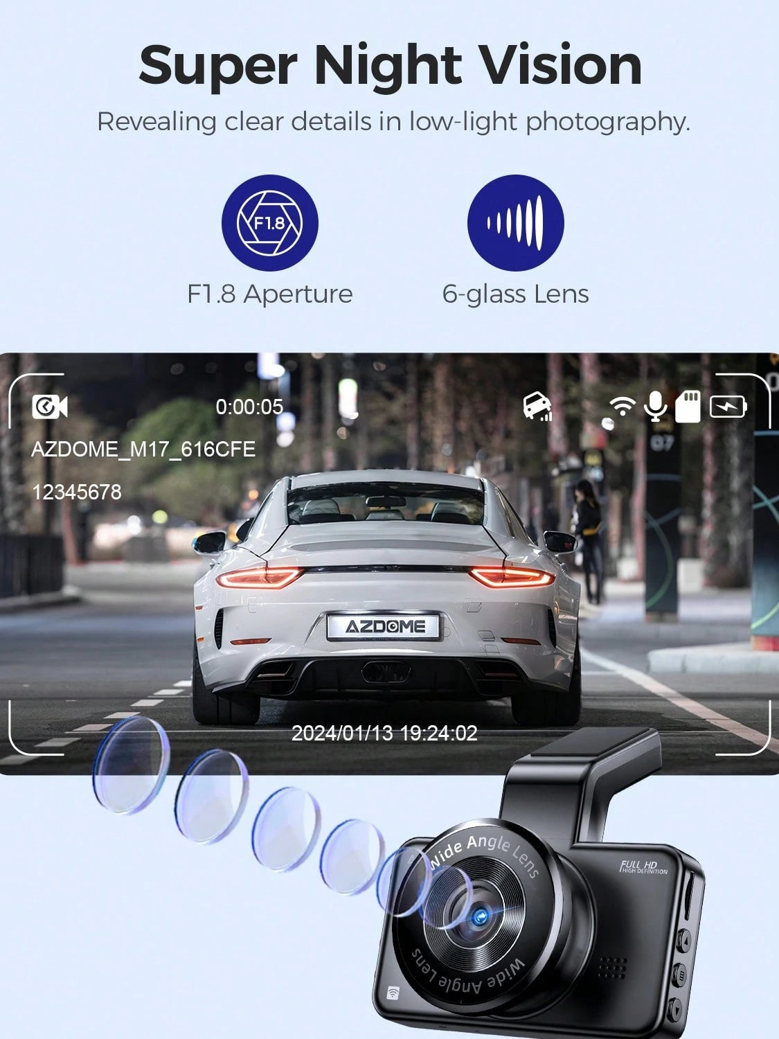 AZDOME 3 Inch WiFi Dash Cam, Full HD 1080P Car Driving Recorder, Smart Dash Camera With Driving Assistant ADAS, Gravity Sensor, Loop Recording, Night Vision, Parking Monitor