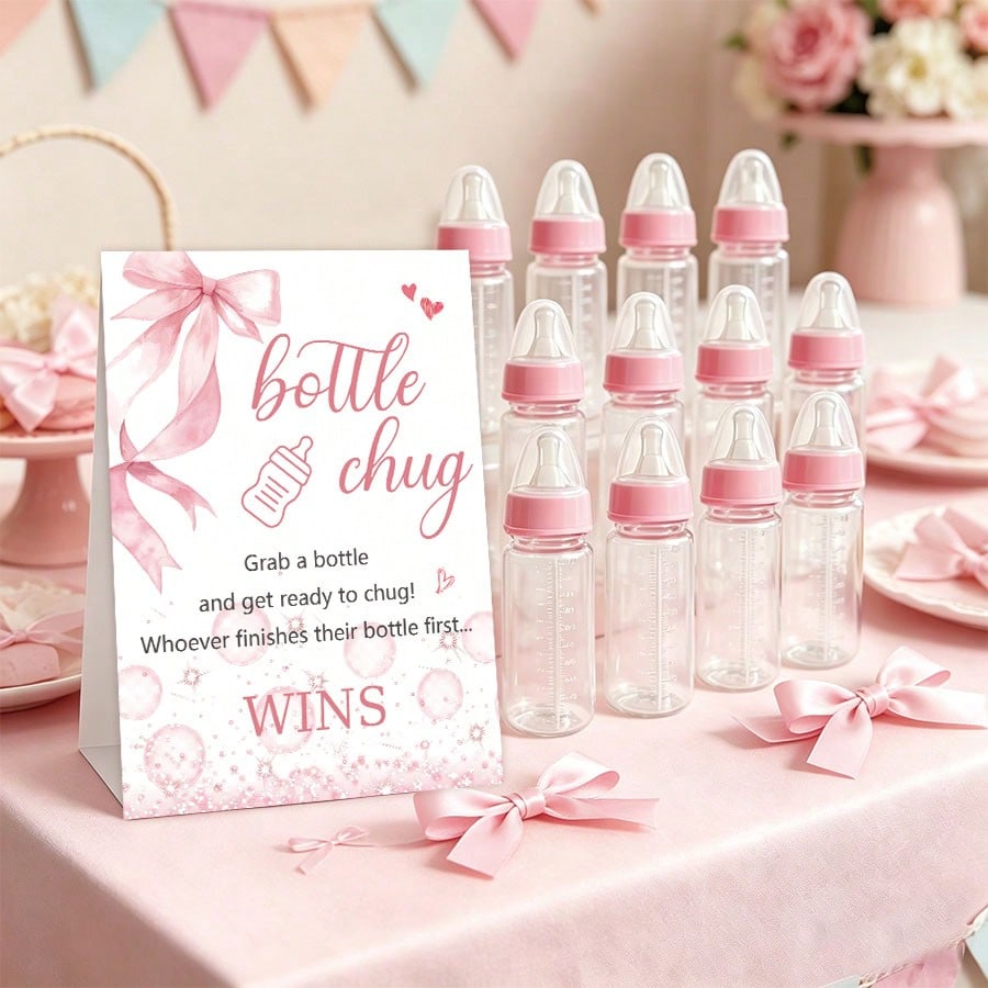 Baby Shower Gender Reveal Party Bottle Game Set With Pink Bow Style Game Markers And Bottles