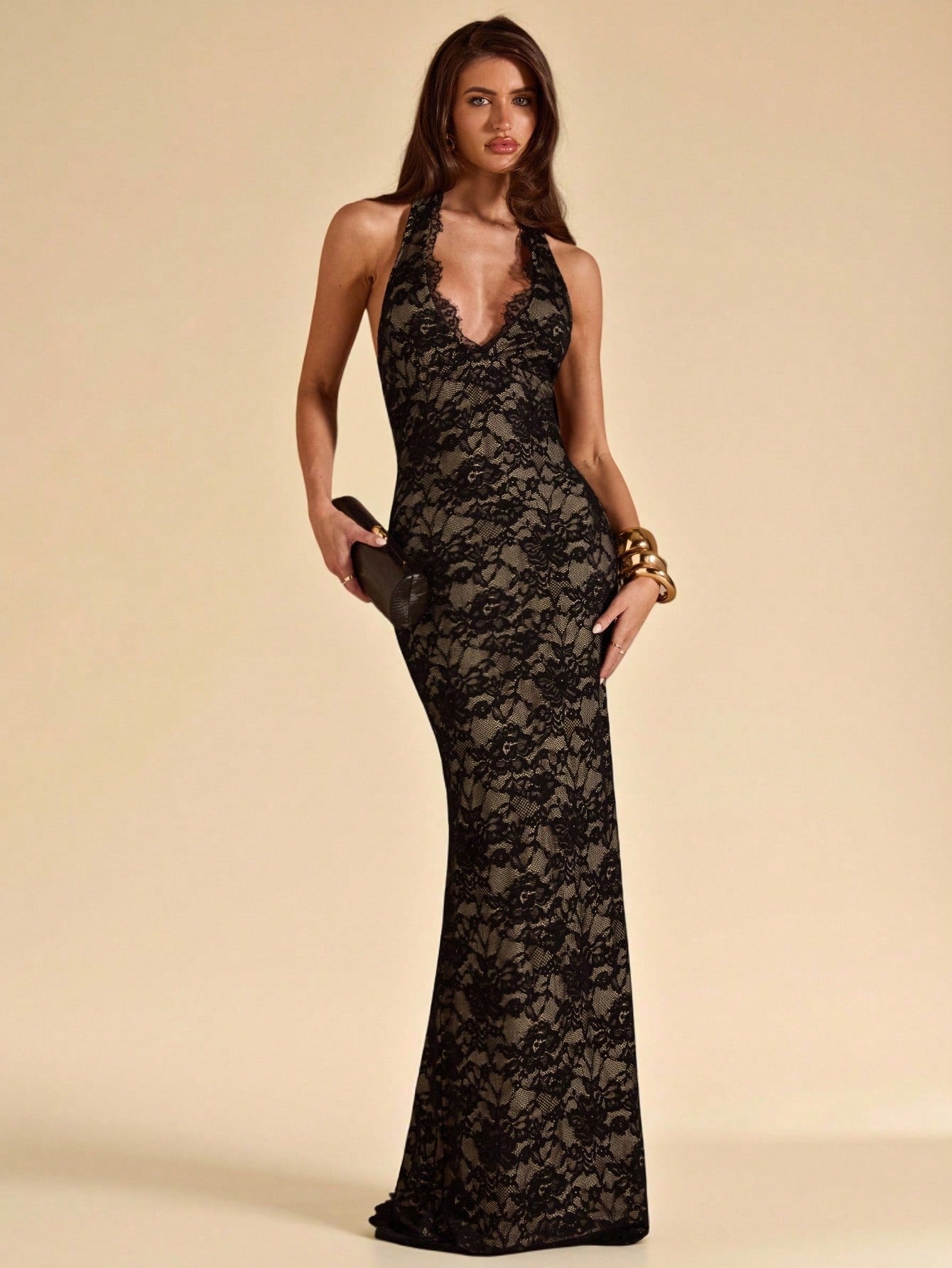 BAE Beige Deep V-Neck Lace Fitted Dress, Elegant Sexy For Beach Dinner Party, Date, Maxi Birthday Tie Wedding Guest Summer