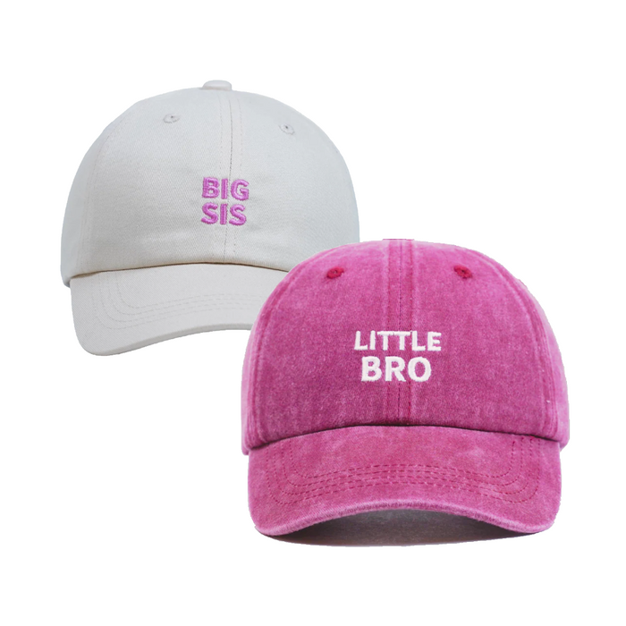 Big Sis & Little Bro Hat Bundle β Matching embroidered kids hats in cream and wine wash. A meaningful sibling gift set from Dad Brand.