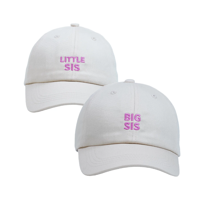 Big Sis & Little Sis Hat Bundle β Matching embroidered kids hats in light cream with pink stitching. A sister keepsake gift from Dad Brand.