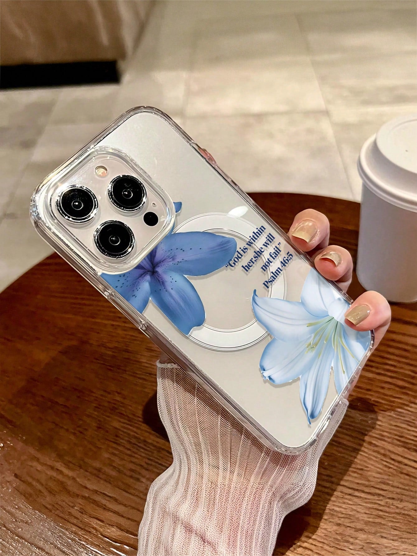 Blue Floral Fashion 1pc Transparent Magnetic Wireless Charging Lily Flower Soft + Hard Phone Case, Scratch-Resistant, Fingerprint-Proof, Compatible With Iphone 15, 16 Pro/Pro Max, 14, 15, 16 Plus, Uni