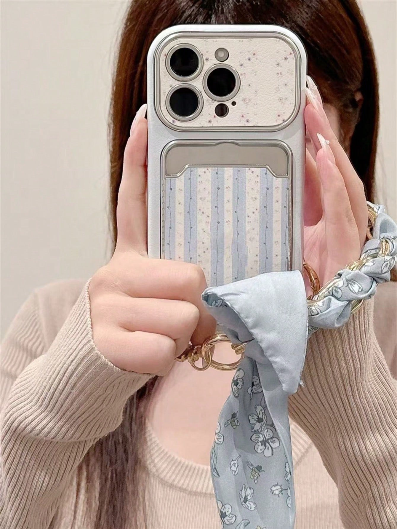 Blue Striped Floral 17/16 Phone Case Compatible With Apple 15/14 Pro Max Card Holder Card Slot 13 Leather Fresh Style 3D Flower Chain Lanyard New INS