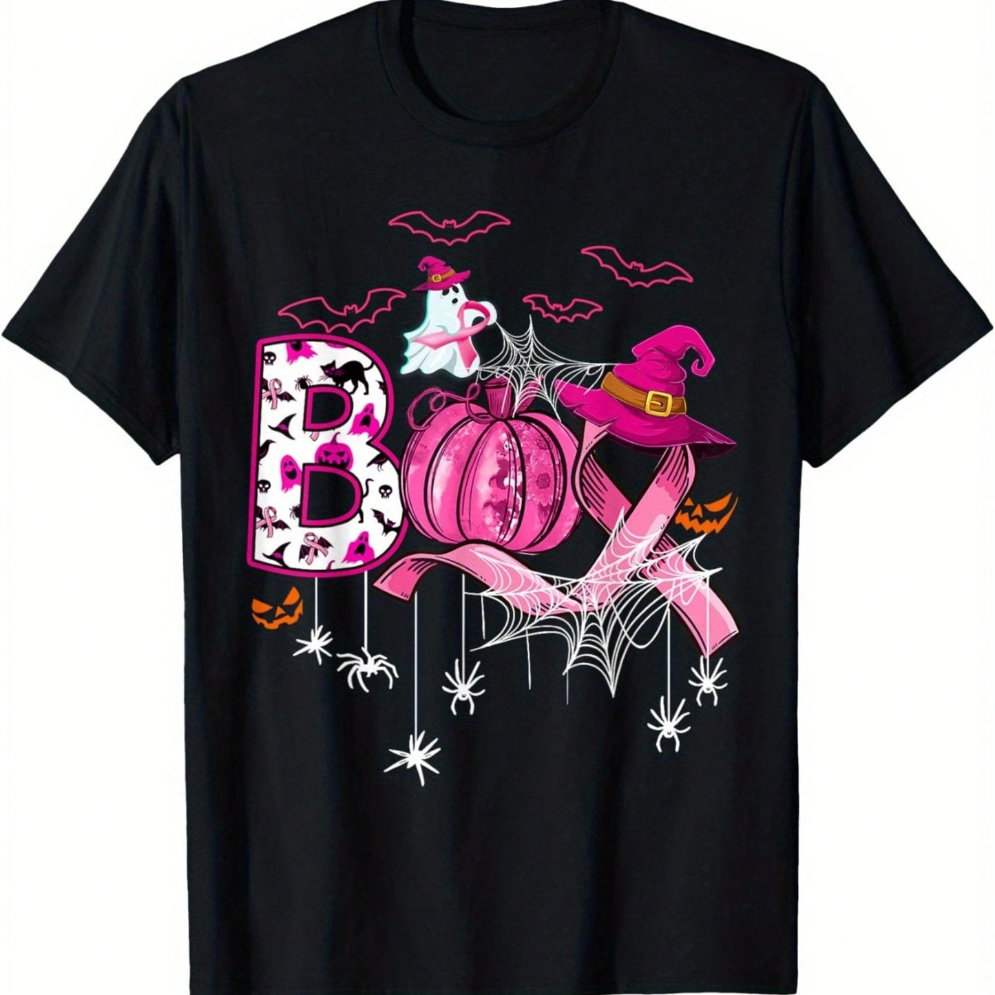 Boo Halloween Pumpkin Pink Ribbon Witch Breast Cancer T-Shirt, Loose Fit Printed T-Shirt, Festive Attire, Suitable For Family Fun.