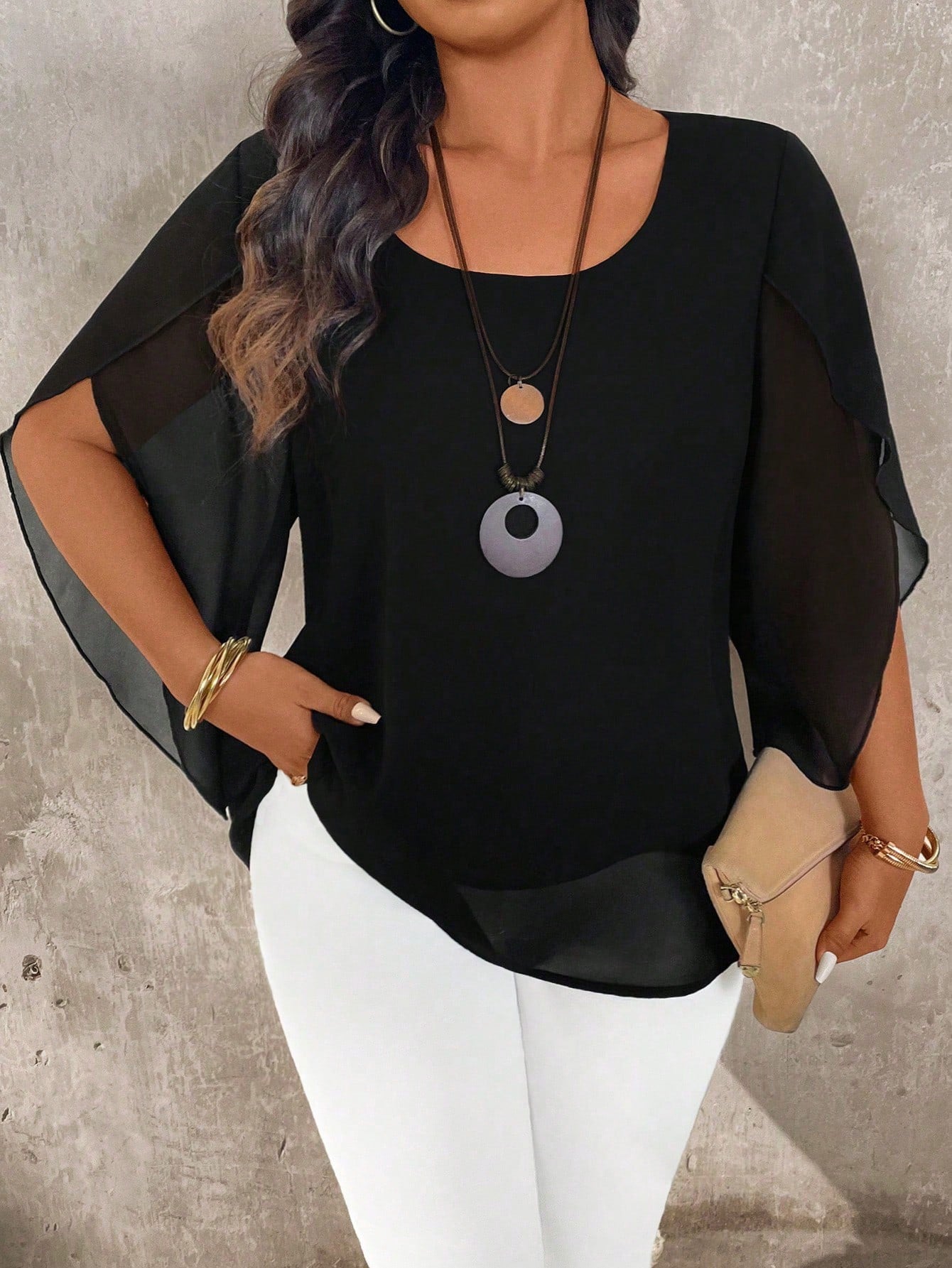Breezaya Plus Size Women's Cap Sleeve Sheer Elegant Blouse