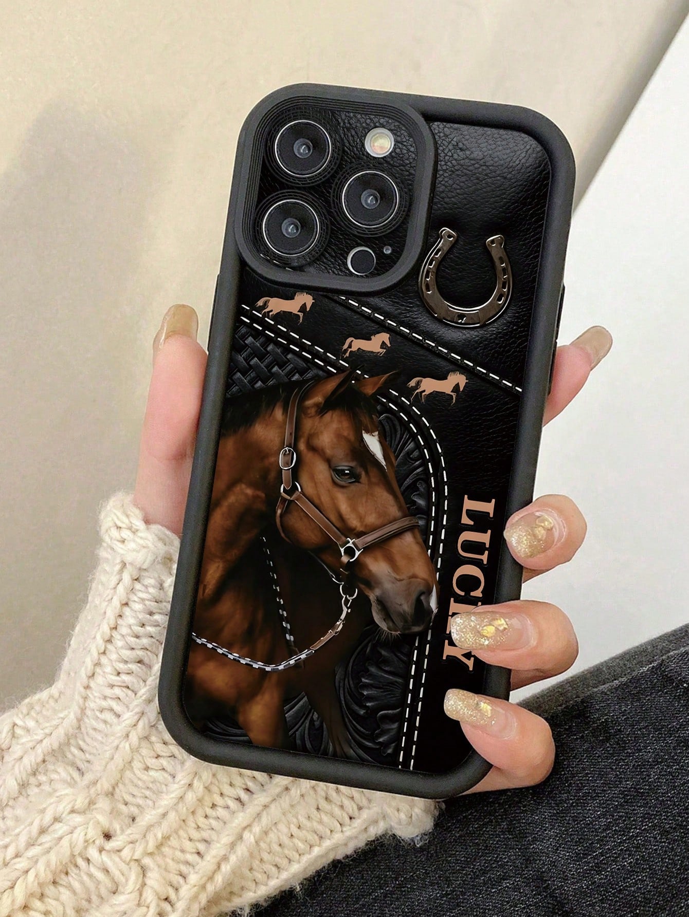 Cartoon Horse Painted Groove Black Thick Precision Hole Minimalist Shockproof Thick Phone Protective Case, Printed Suitable For IPhone 17/17 Pro Max/ 16/16 Pro/16 Pro Max/ 16 Plus, 15 XR/7/8, 15 Pro M