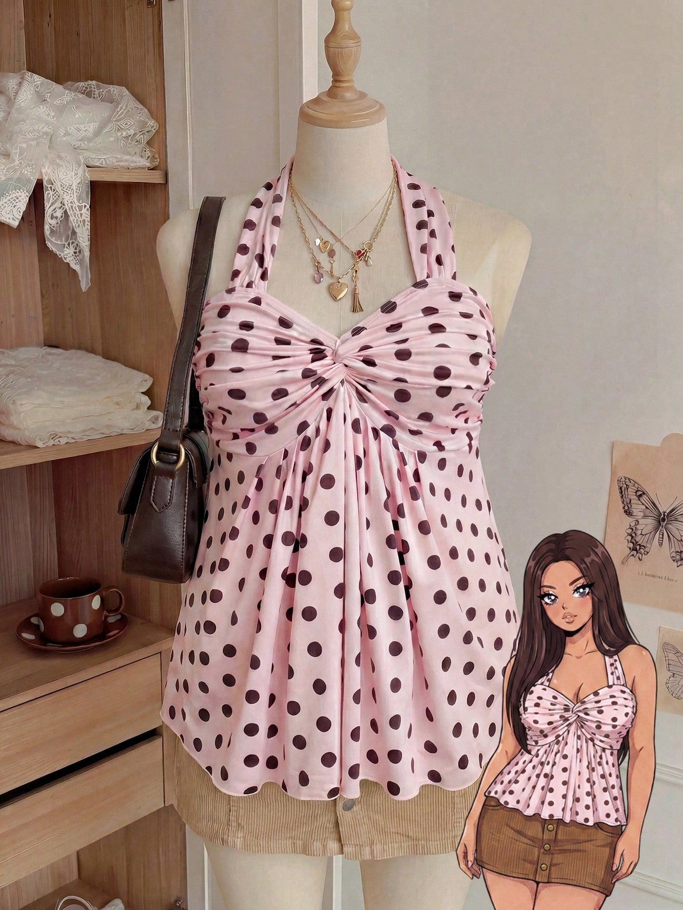 Comfortcana Plus Size Women's Casual Cute Vacation Style Spring/Summer New Elastic Pink Polka Dot Spaghetti Strap Ruched Camisole Vacation