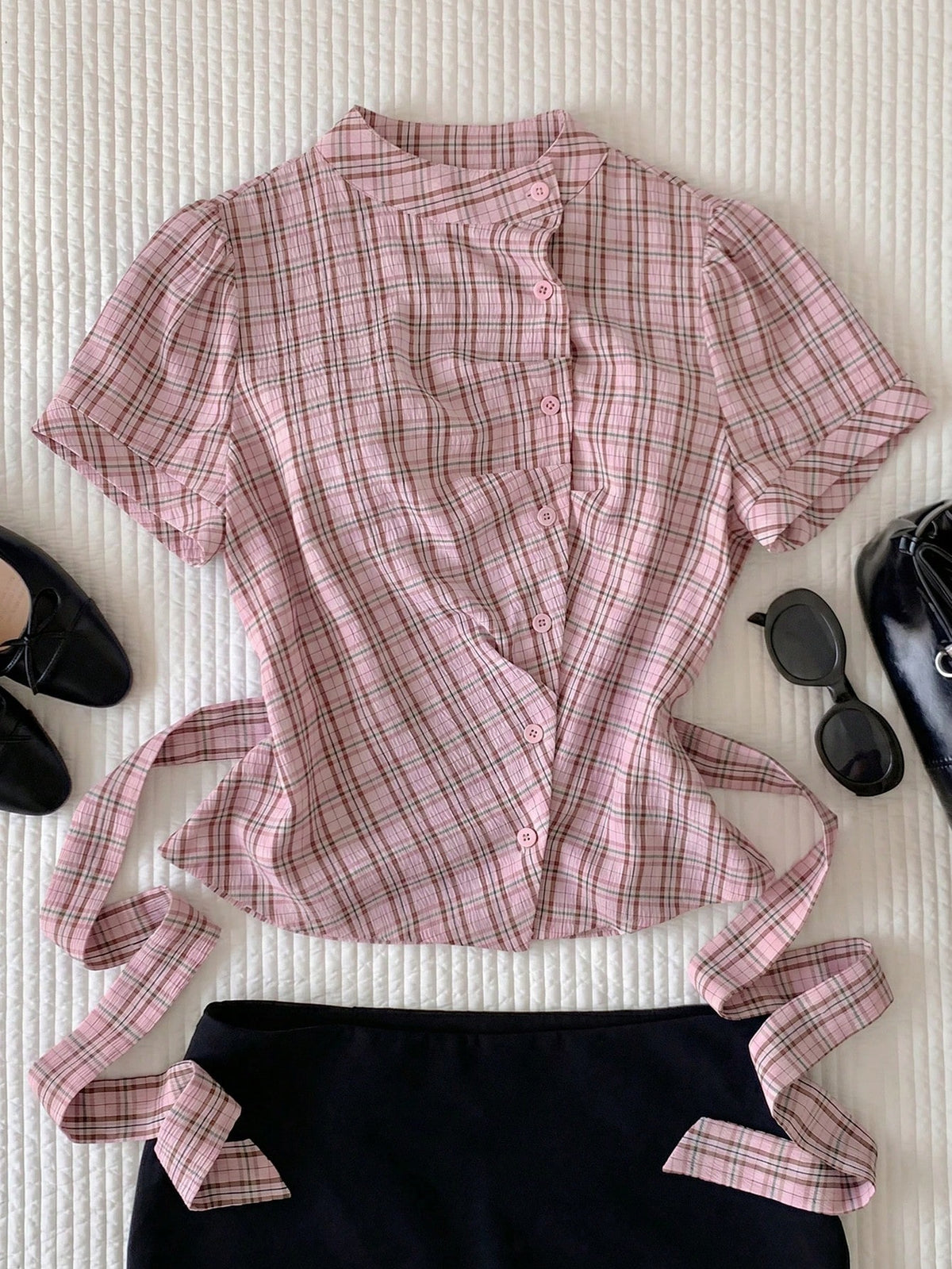 Comfortcana Summer New Women's Plaid Loose 70s Retro Short Sleeve Cinched Shirt, Suitable For Music Festivals, School, Cool, Street, Vintage, Y2K, Casual And Campus Style, Pink Top