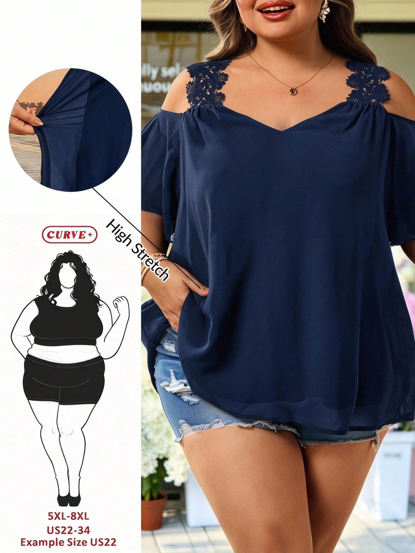 CURVE+ Plus Size Women's Summer Vacation Casual Solid Color Off-Shoulder Short Sleeve Blouse