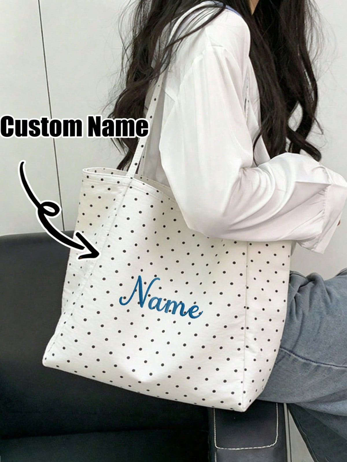 Customizable Name Large Capacity Polka Dot Canvas Tote Bag, Women's Shoulder Bag, Shopping Bag, Handbag, Autumn/Winter, Personalized Gift, Travel, Commuting, New Year, Valentine's Day, Easter, Mother'