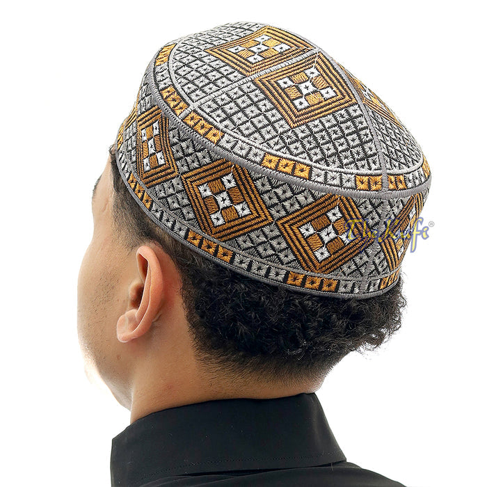 Dark Gray Rust Brown White Diamond Intricately Embroidered Design Pakistan Kufi