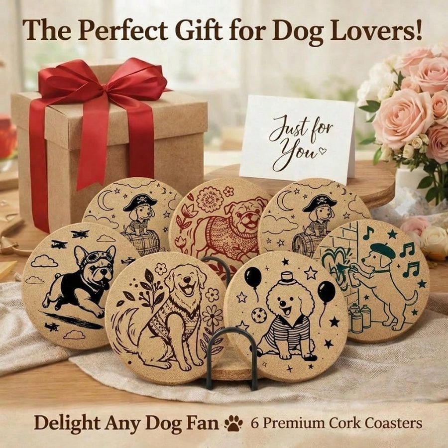 Dog Cork Coasters Set With Holder- 6 Funny Breeds Line Art Coasters, Heat Resistant Non-Slip Drink Wooden Coasters Coffee Table, Cute Dog Lover Puppy Owners Gifts Home Decor
