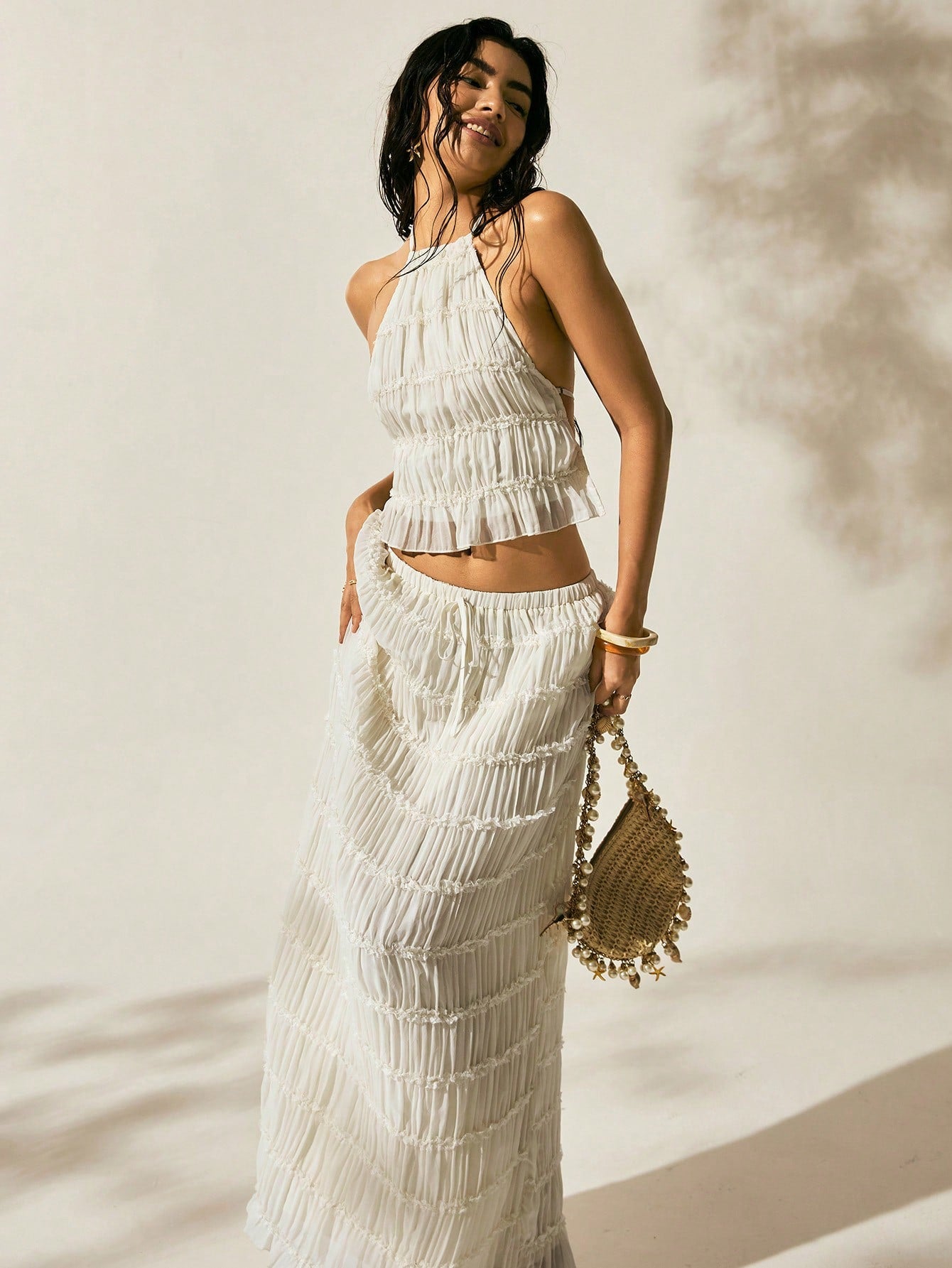 Easelle New Arrival Summer Women's Bohemian Style Sexy Breezy Tropical Vacation Outfit Two Pieces Outfits For Daily Wear Expose The Waist Beach Off-White