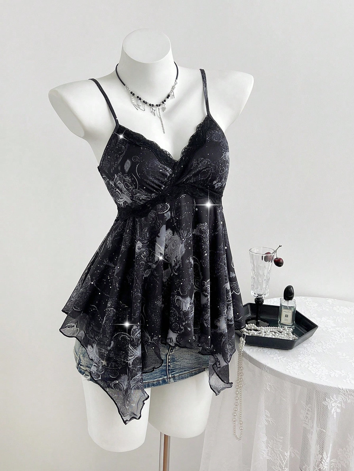 Elamini 1pc Navy Blue Vintage Perris Floral Sequin Asymmetric Hem Camisole Patchwork Y2K Casual Tank Top For Women, Spring/Summer
