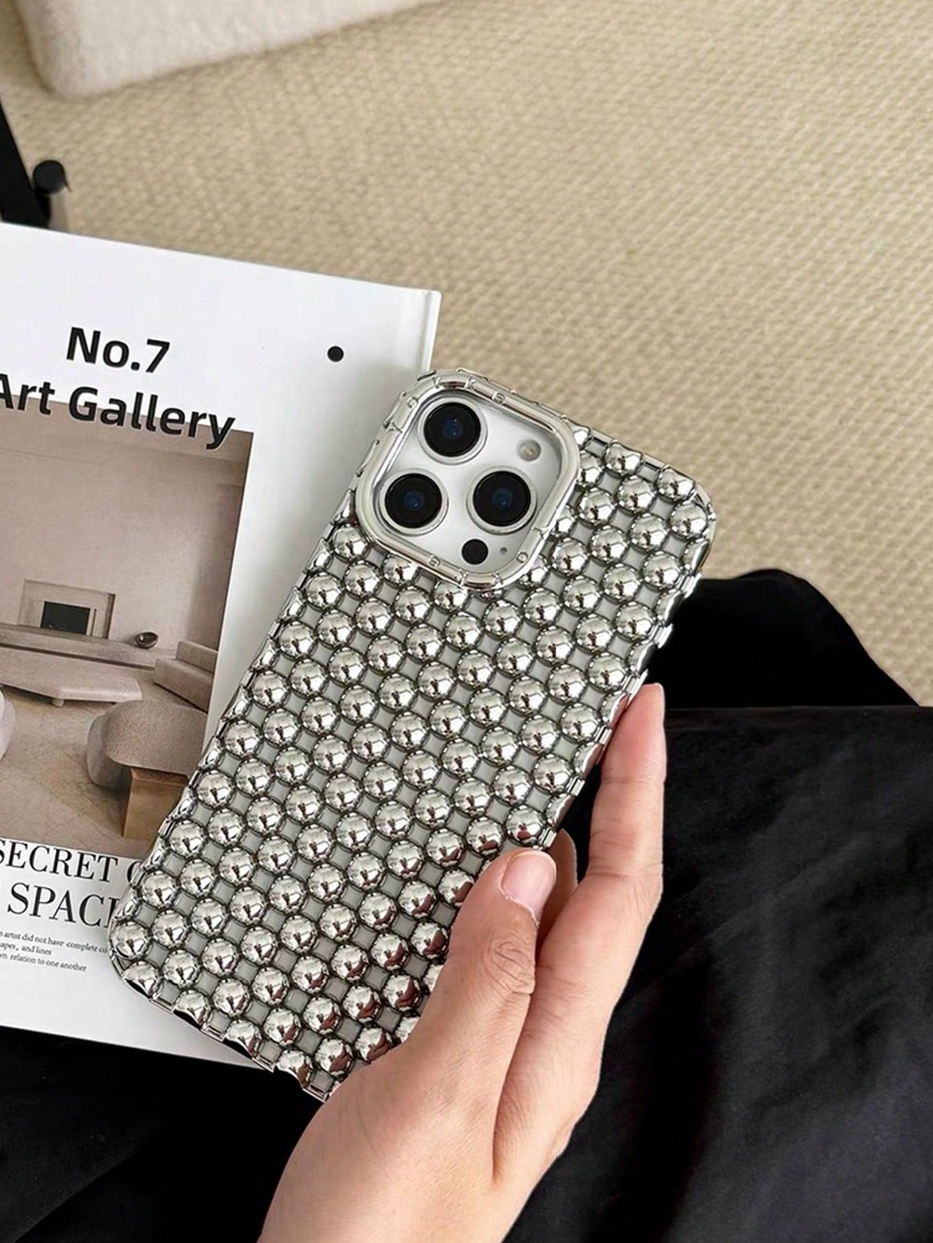 Elegant Hollow Steel Bead Electroplated Matte Silver Phone Case Compatible With Iphone 16, IPhone 15 Pro Max, IPhone 17/17 Pro/17 Pro Max, New IPhone 14 Soft Case, IPhone 13 Anti-Fall Protective Cover