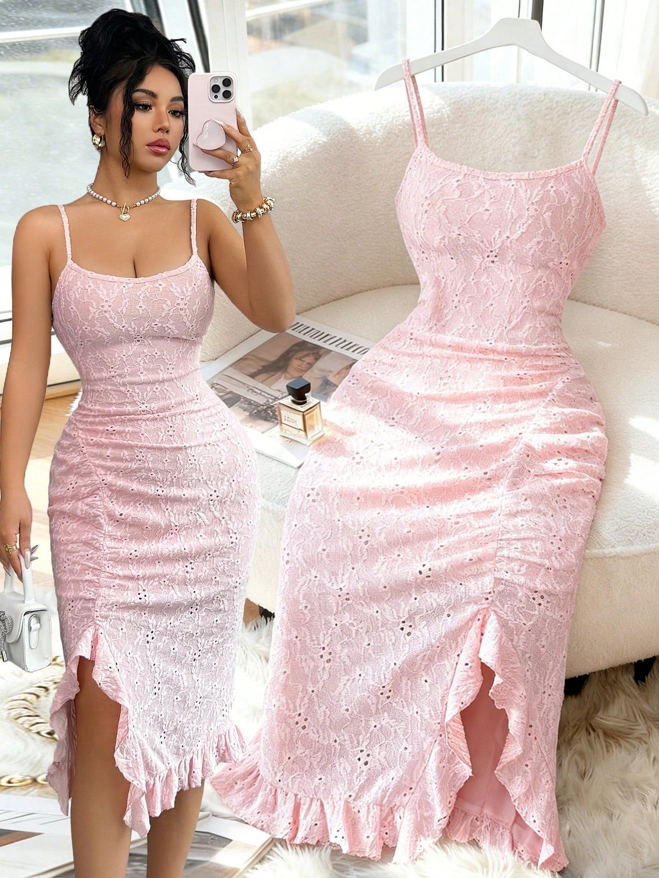 Elenzga New Arrival Elegant Sexy French Style Textured Jacquard Design Spaghetti Strap Backless Fitted Bodycon Mini Dress With Frill Trim For Women