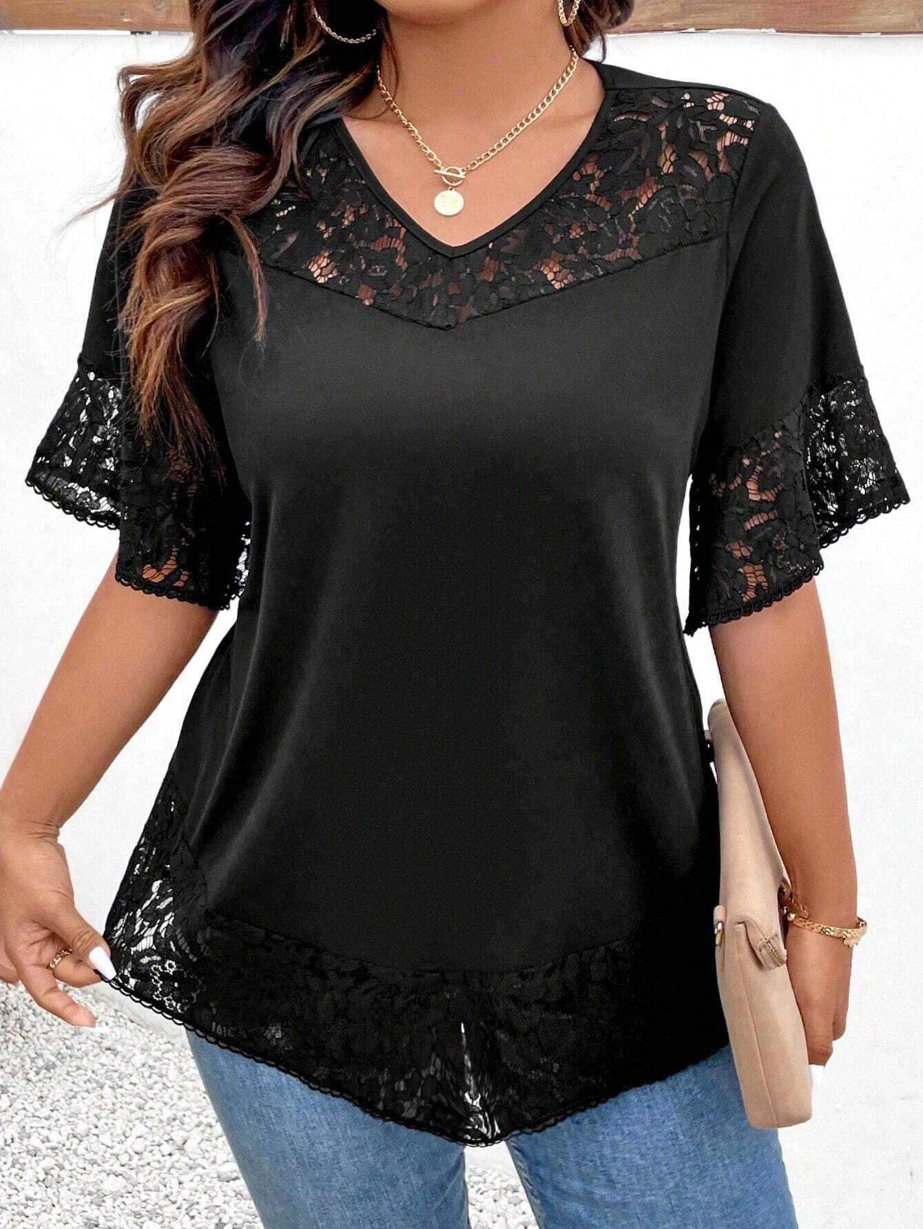 Elenzga Plus Size Women's Lace Patchwork Short Sleeve T-Shirt