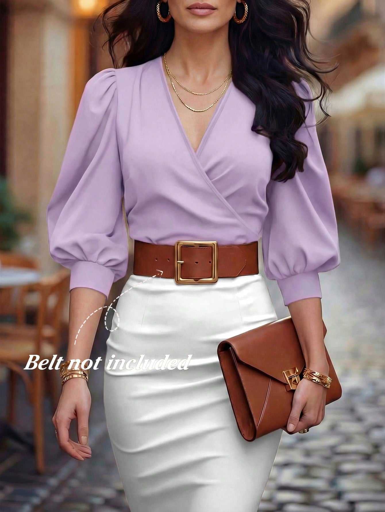 EMERY ROSE Chic Mauve Purple V Neck Wrap Blouse For Women Stylish Half Bishop Sleeve Top With Colorblock Design Crafted From Quality Woven Fabric